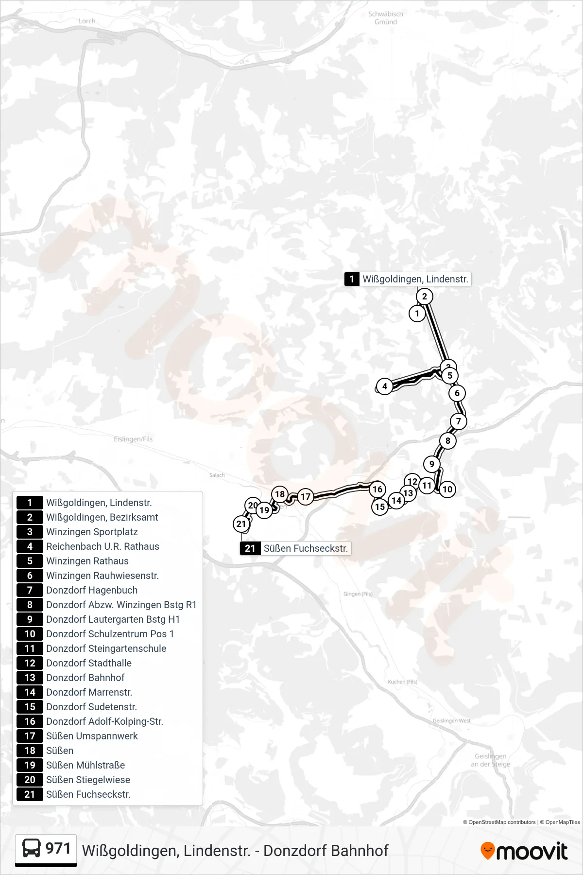 971 bus Line (Süßen Fuchseckstr.) route and stops on a map