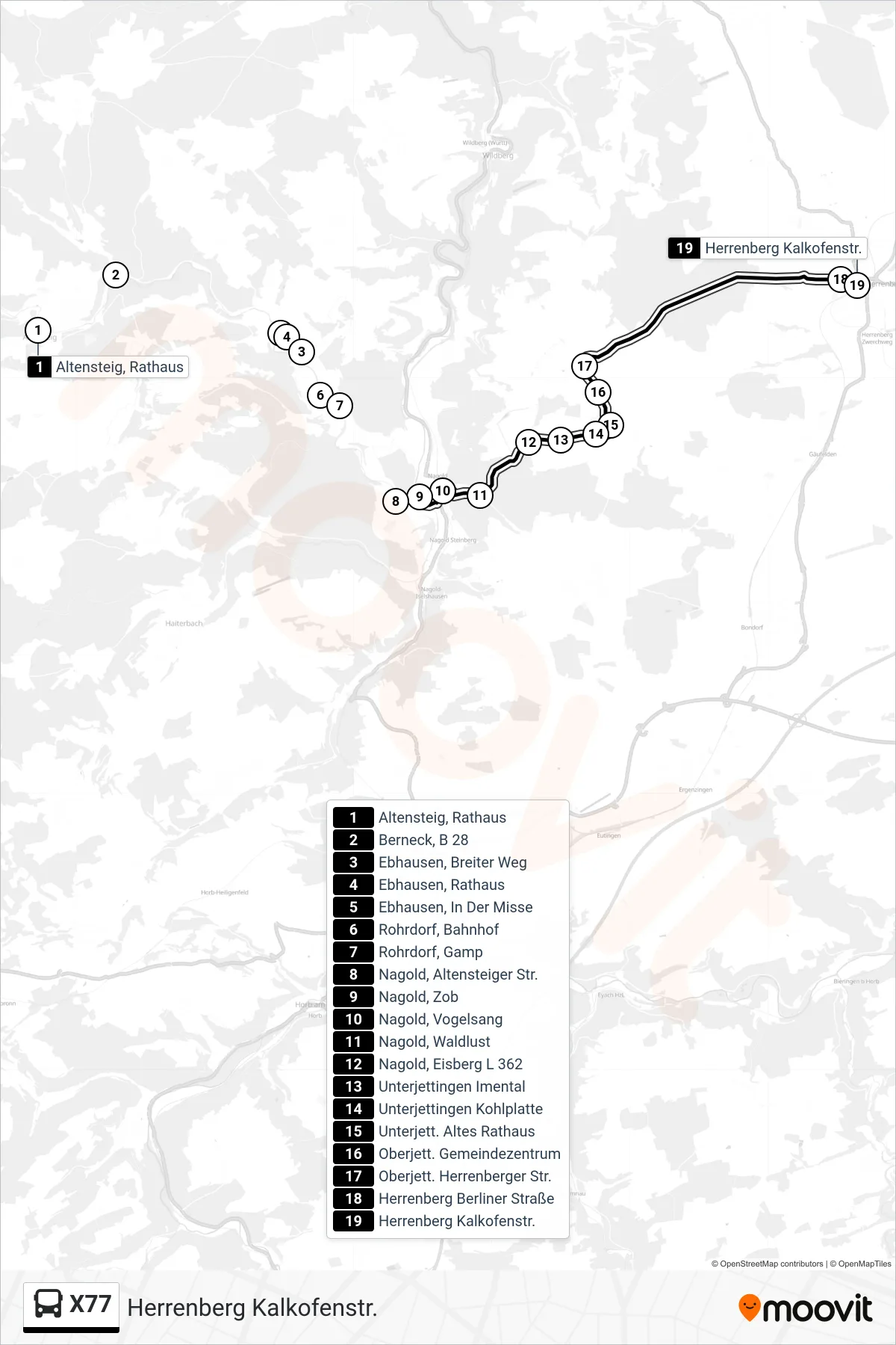 X77 bus Line (Herrenberg Kalkofenstr.) route and stops on a map