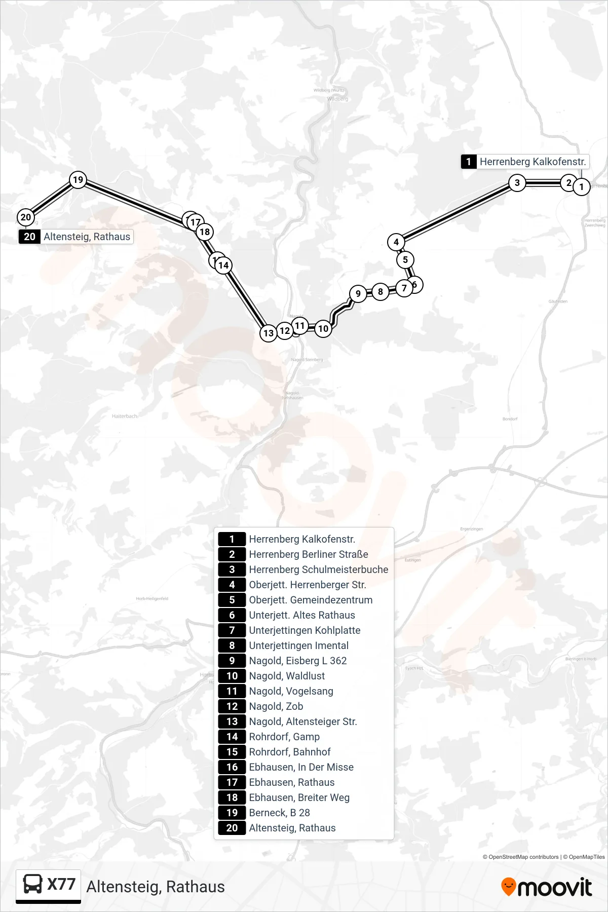 X77 bus Line (Altensteig, Rathaus) route and stops on a map