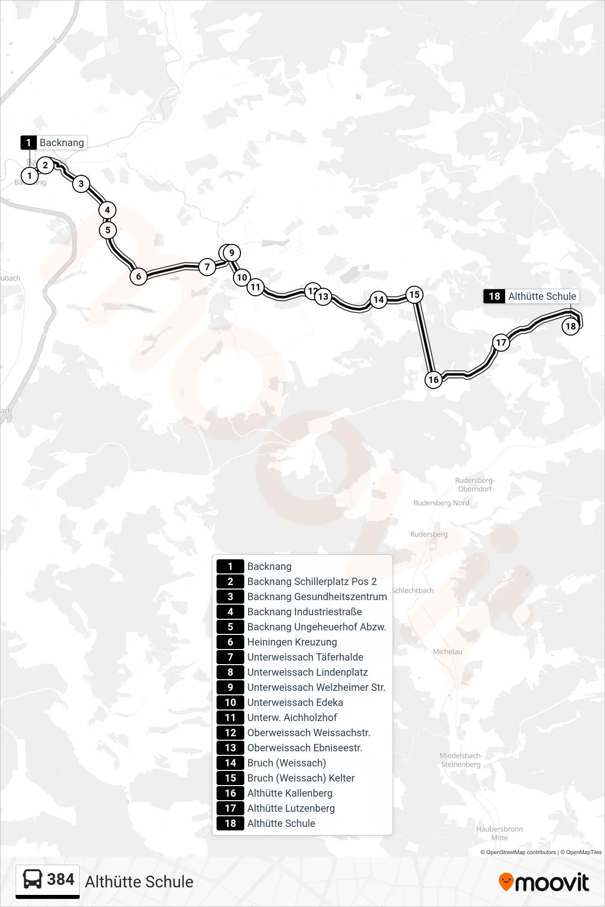 384 bus Line (Althütte Schule) route and stops on a map