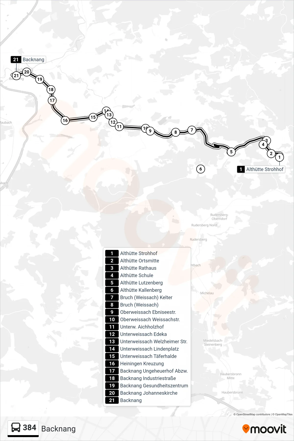 Linie 384 (Bus) Richtung Backnang: Route und Haltestellen auf der Karte