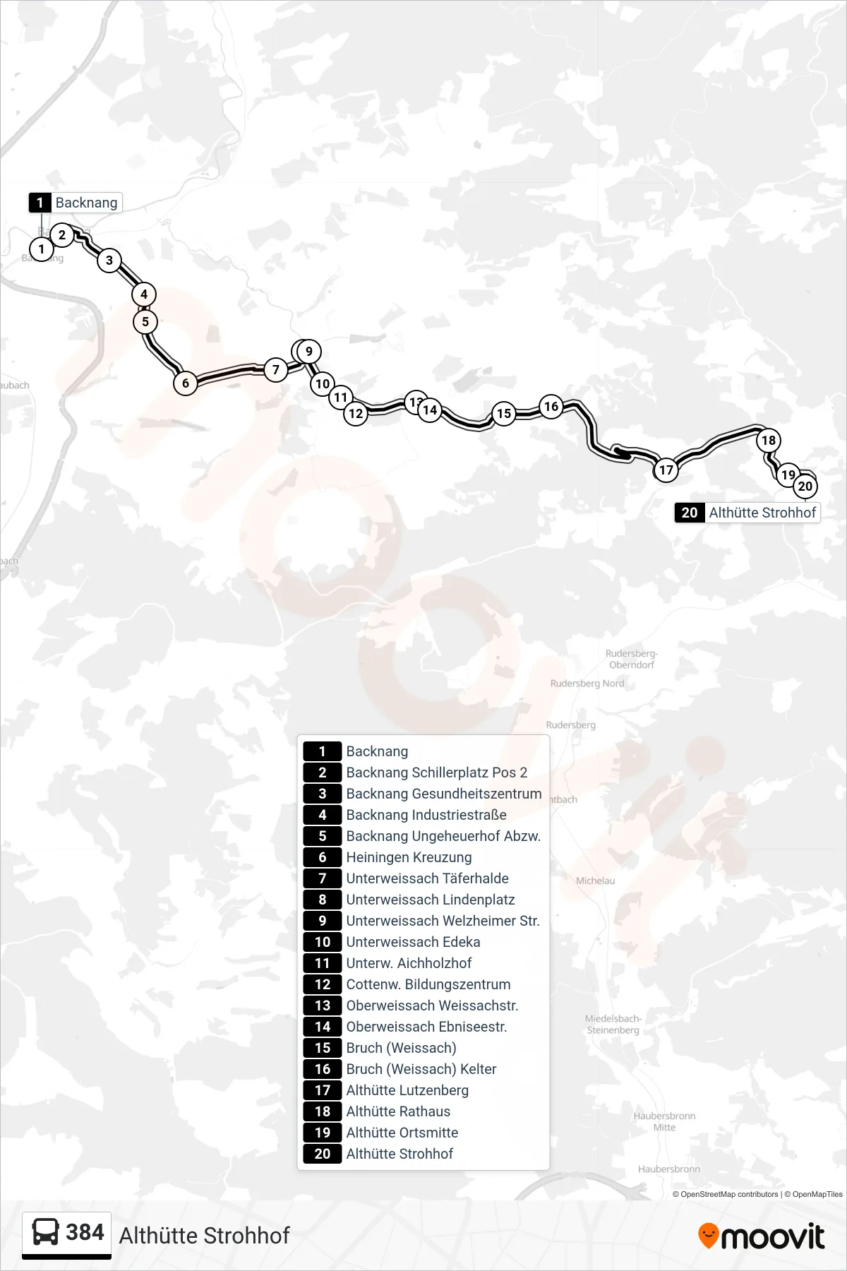 384 bus Line (Althütte Strohhof) route and stops on a map