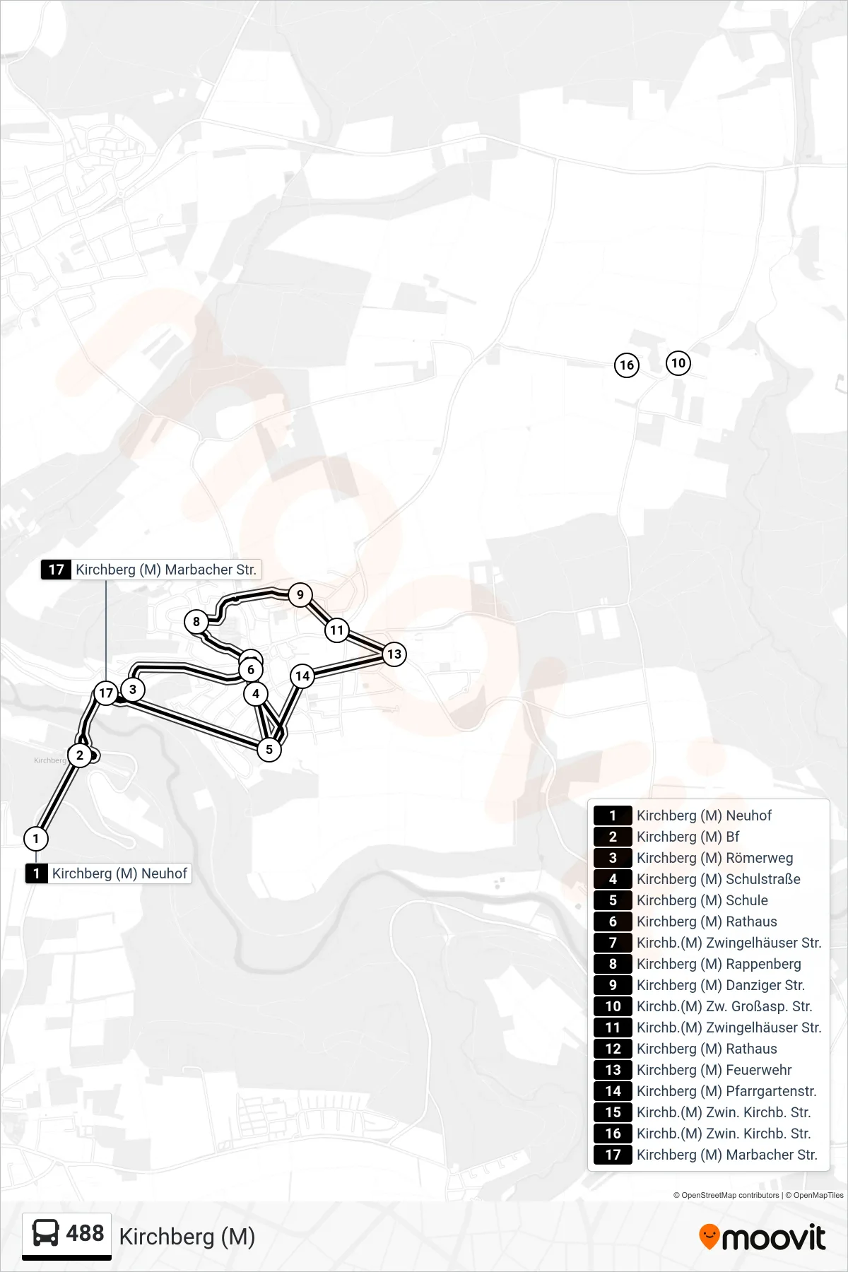 488 bus Line (Kirchberg (M)) route and stops on a map