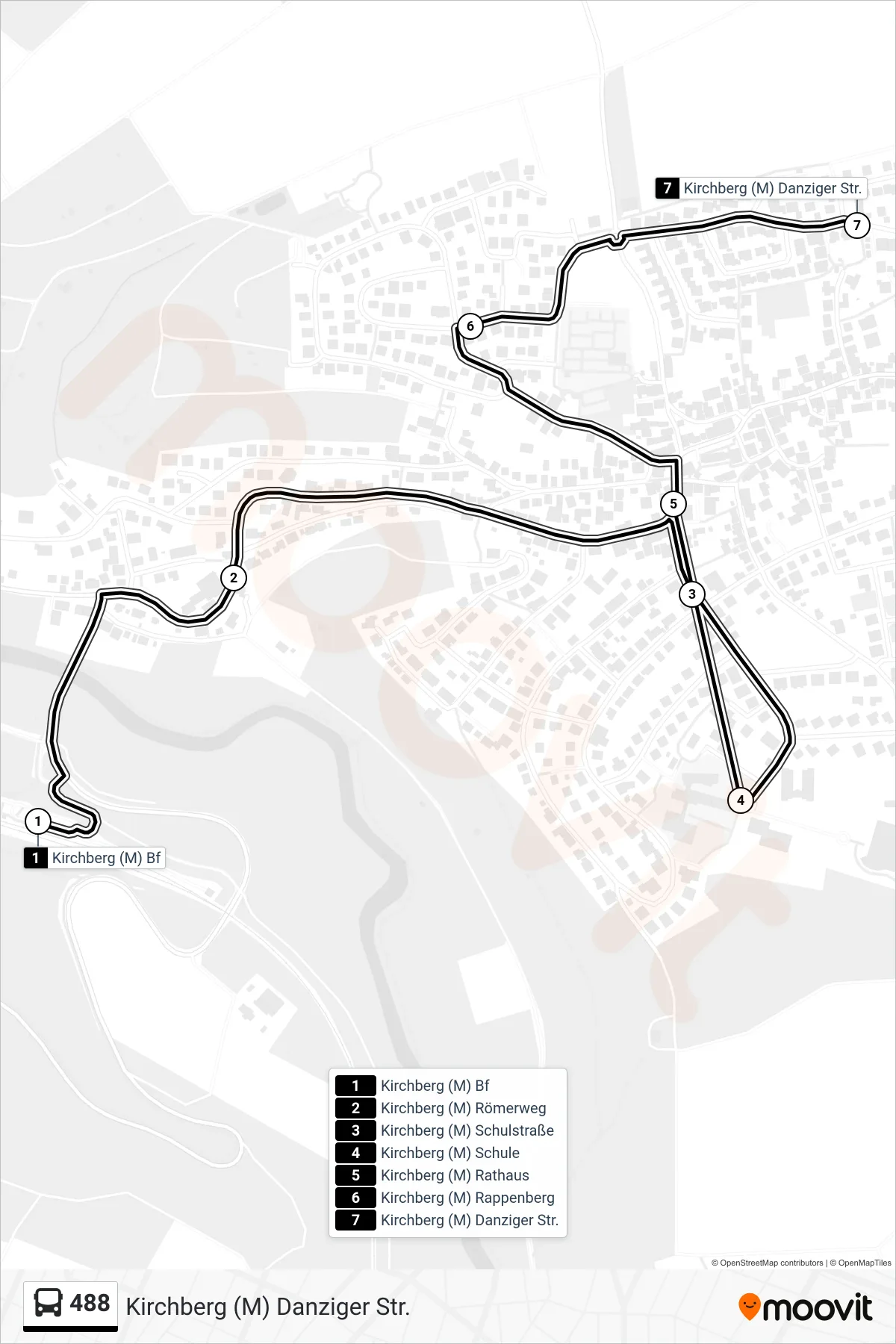 488 bus Line (Kirchberg (M) Danziger Str.) route and stops on a map