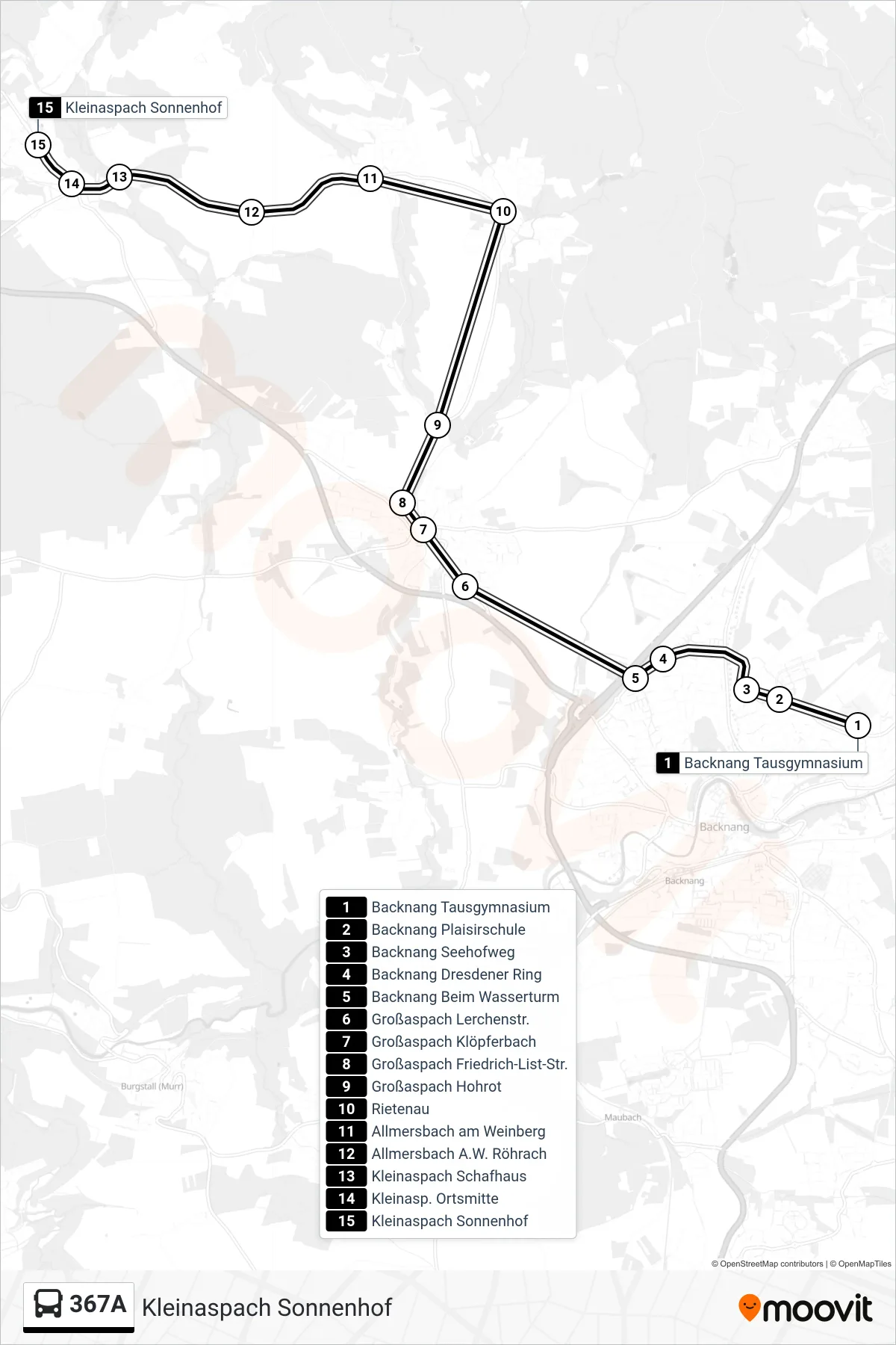 Linie 367A (Bus) Richtung Kleinaspach Sonnenhof: Route und Haltestellen auf der Karte