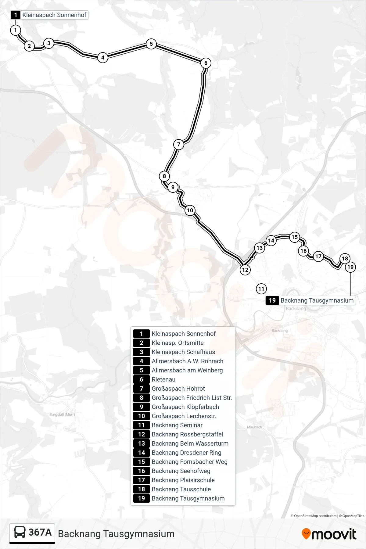 367A bus Line (Backnang Tausgymnasium) route and stops on a map