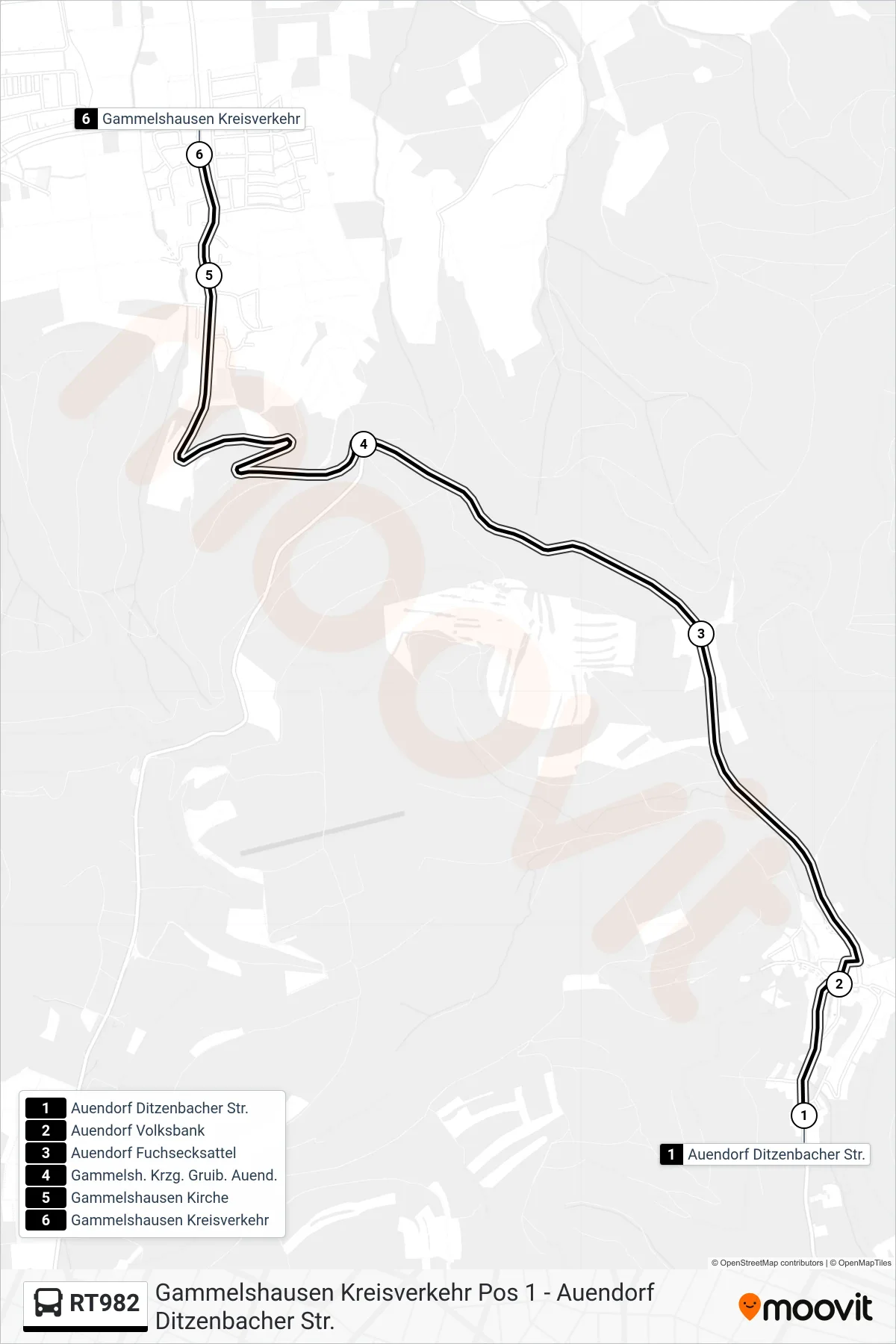 RT982 bus Line (Gammelshausen Kreisverkehr) route and stops on a map