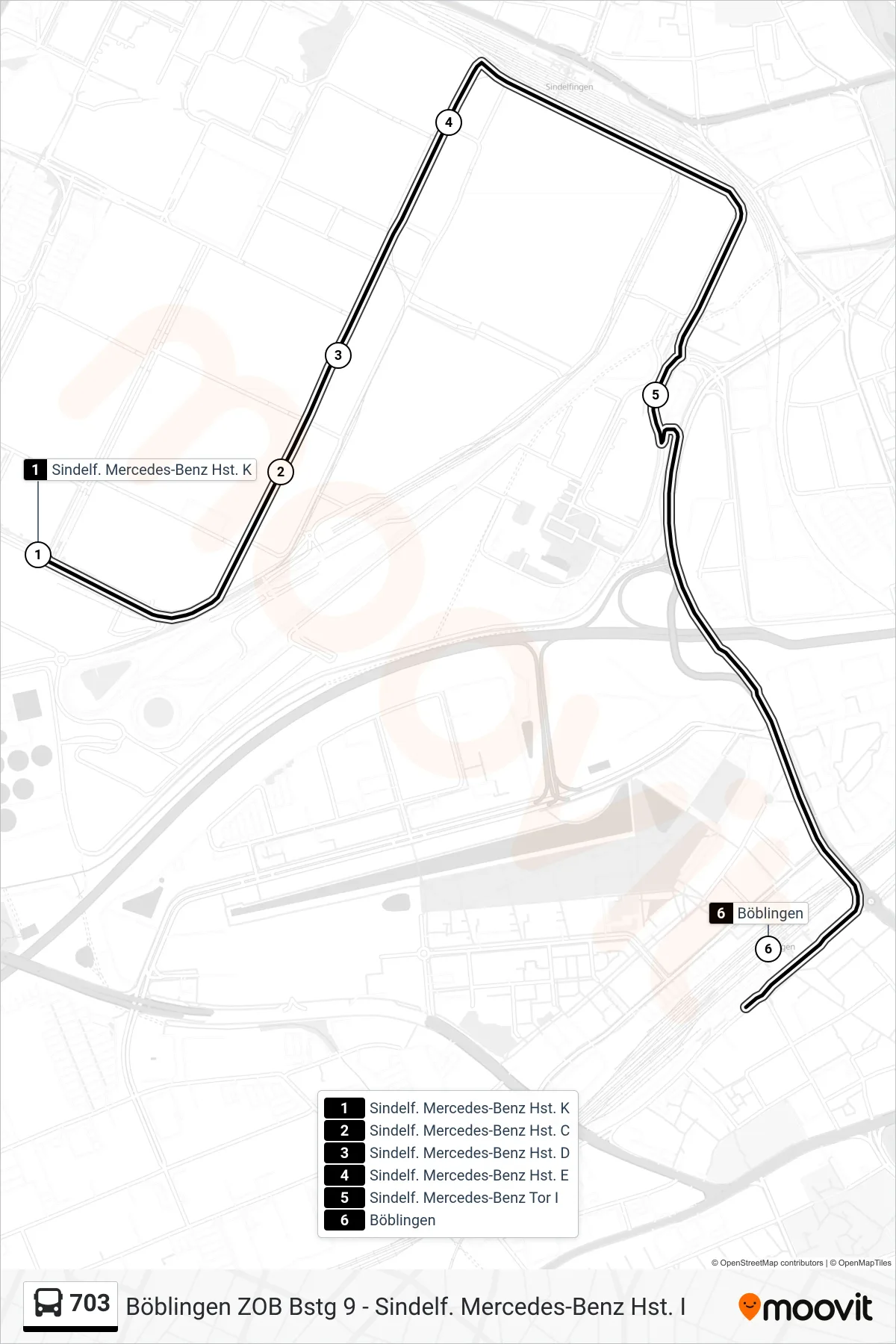 703 bus Line (Böblingen) route and stops on a map