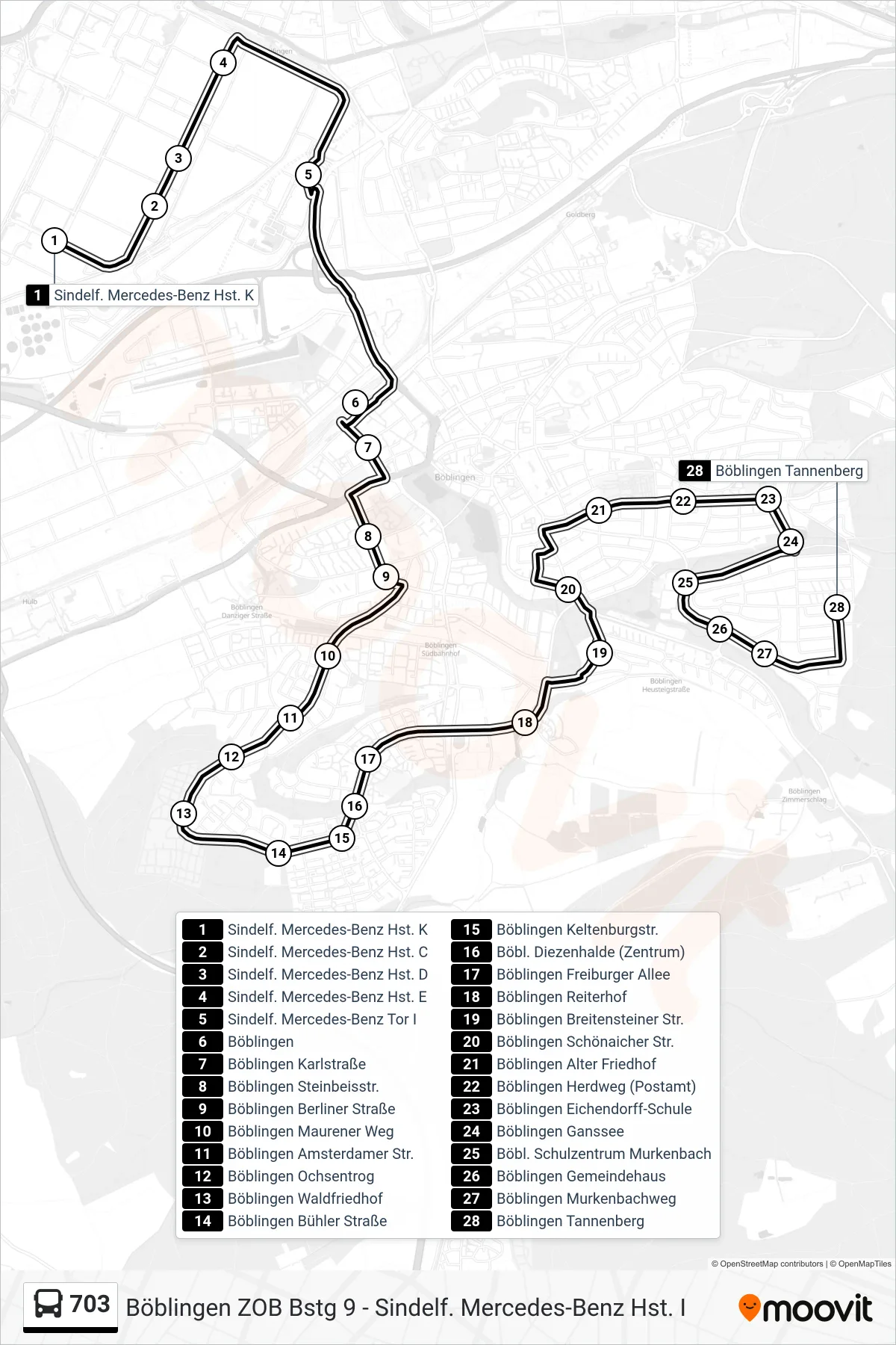703 bus Line (Böblingen Tannenberg) route and stops on a map