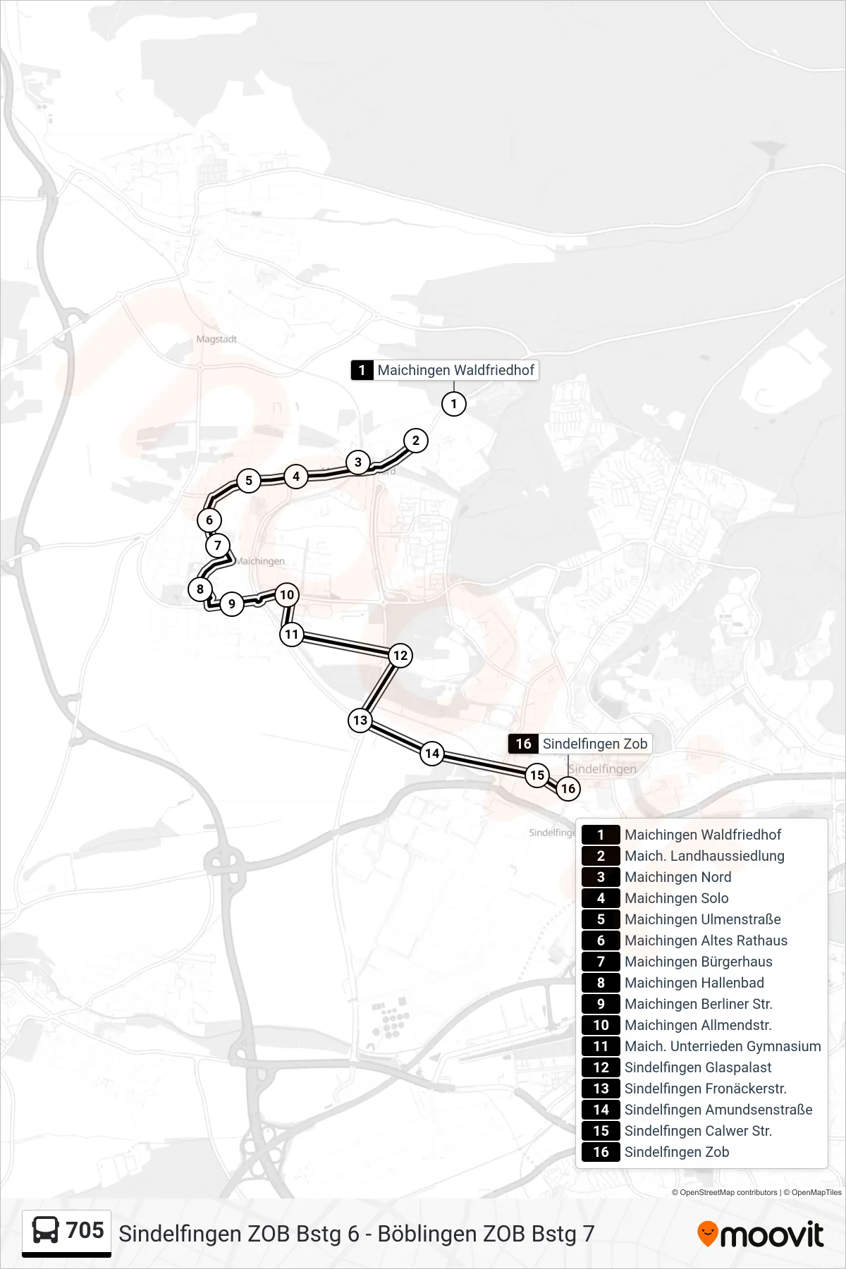705 bus Line (Sindelfingen Zob) route and stops on a map