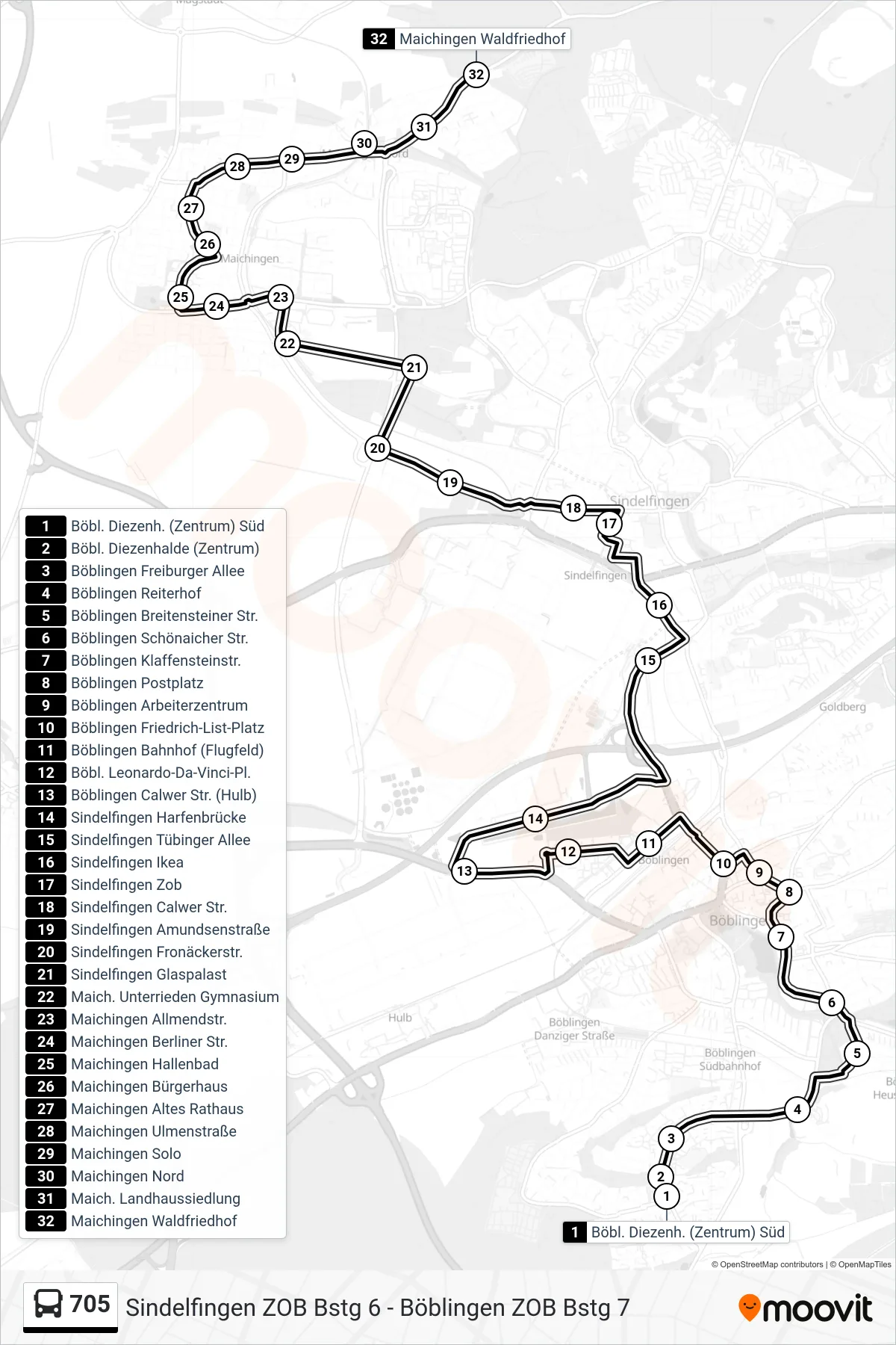 705 bus Line (Maichingen Waldfriedhof) route and stops on a map