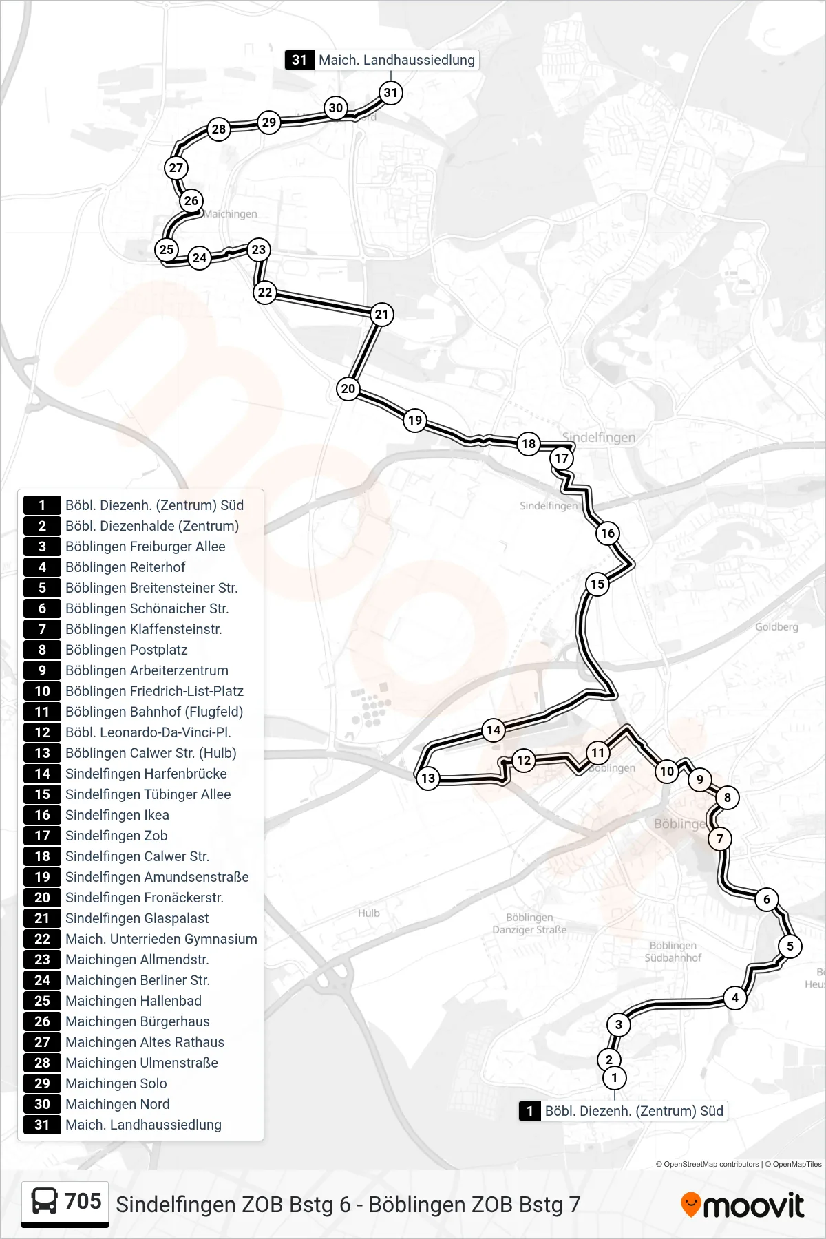 Linie 705 (Bus) Richtung Maich. Landhaussiedlung: Route und Haltestellen auf der Karte