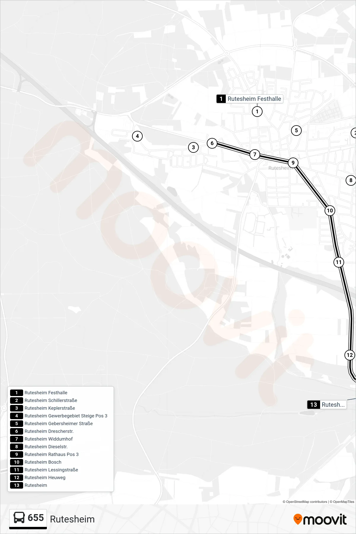 655 bus Line (Rutesheim) route and stops on a map