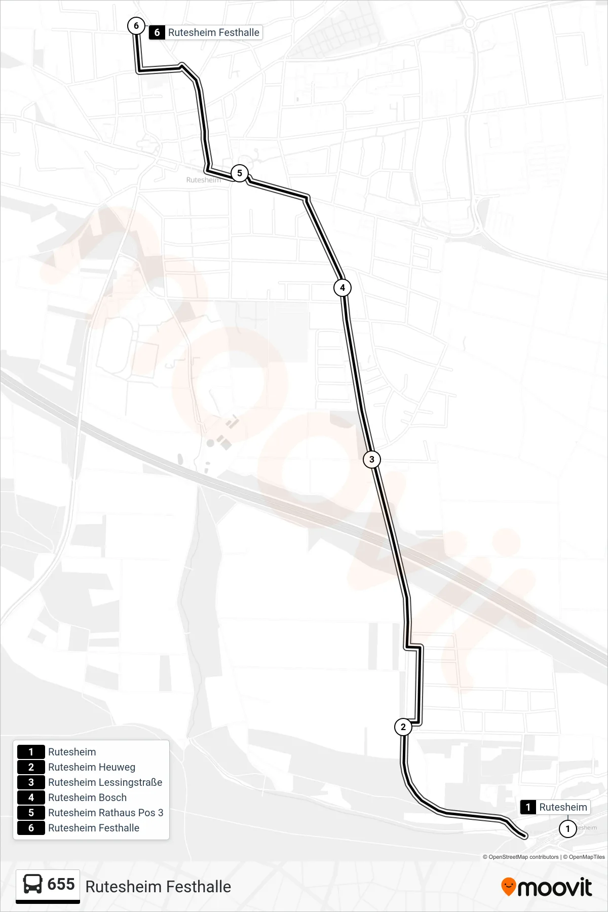 655 bus Line (Rutesheim Festhalle) route and stops on a map