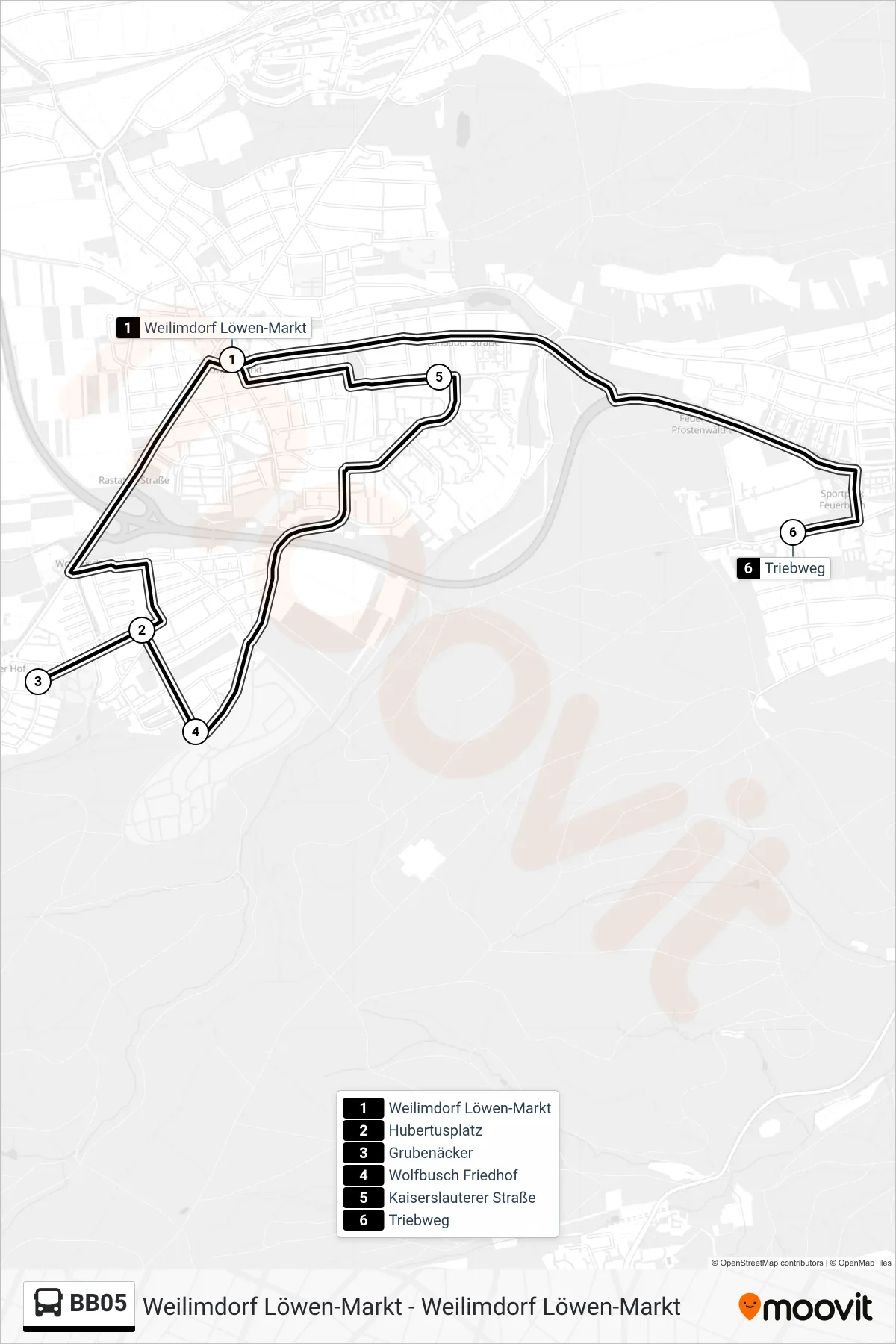 BB05 bus Line (Triebweg) route and stops on a map