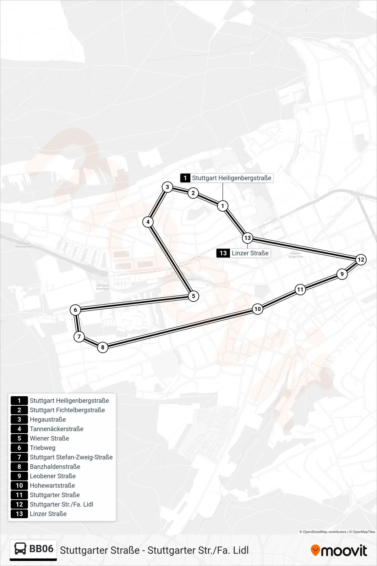 BB06 bus Line (Stuttgarter Str./Fa. Lidl) route and stops on a map