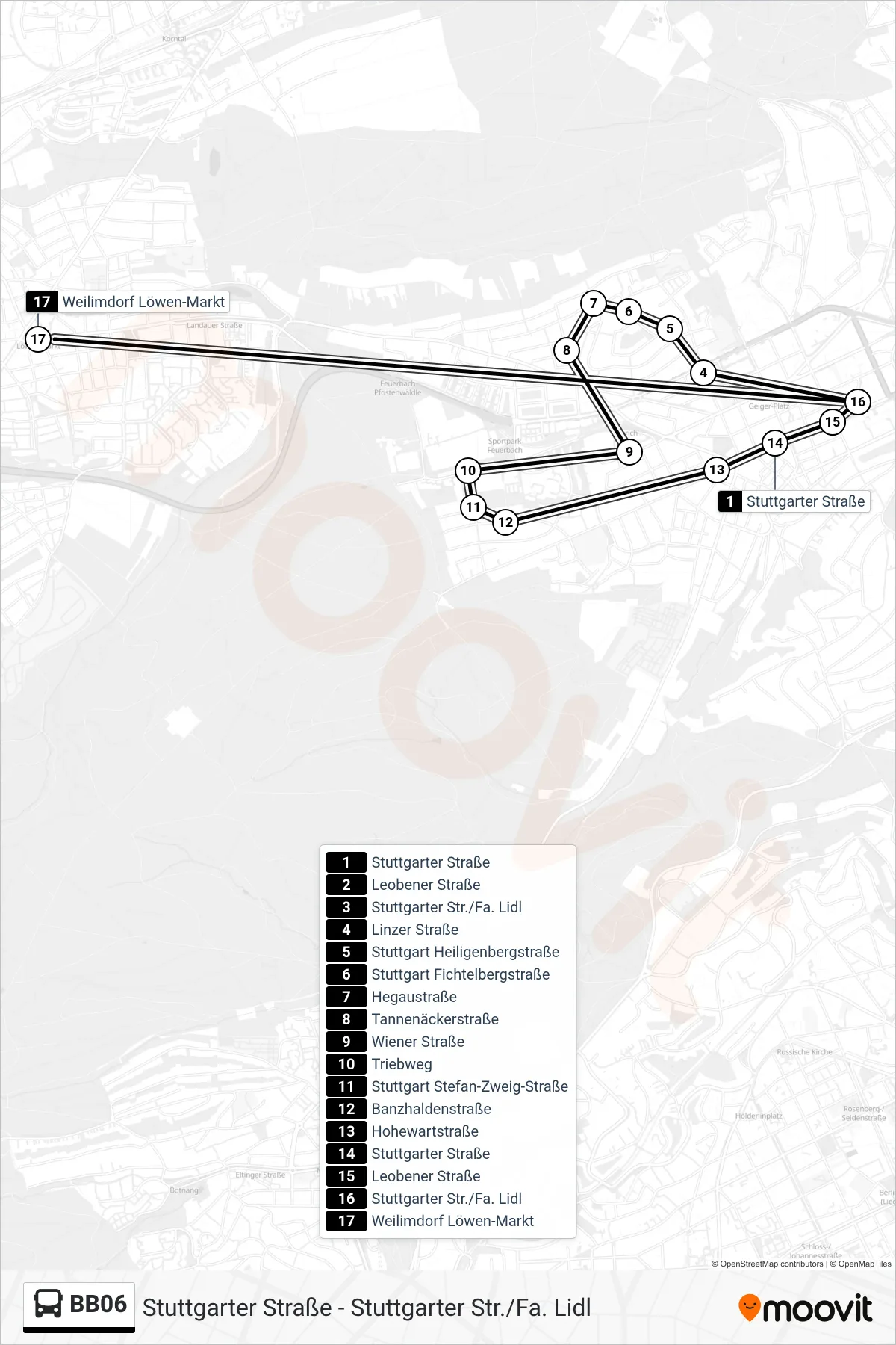 BB06 bus Line (Weilimdorf Löwen-Markt) route and stops on a map