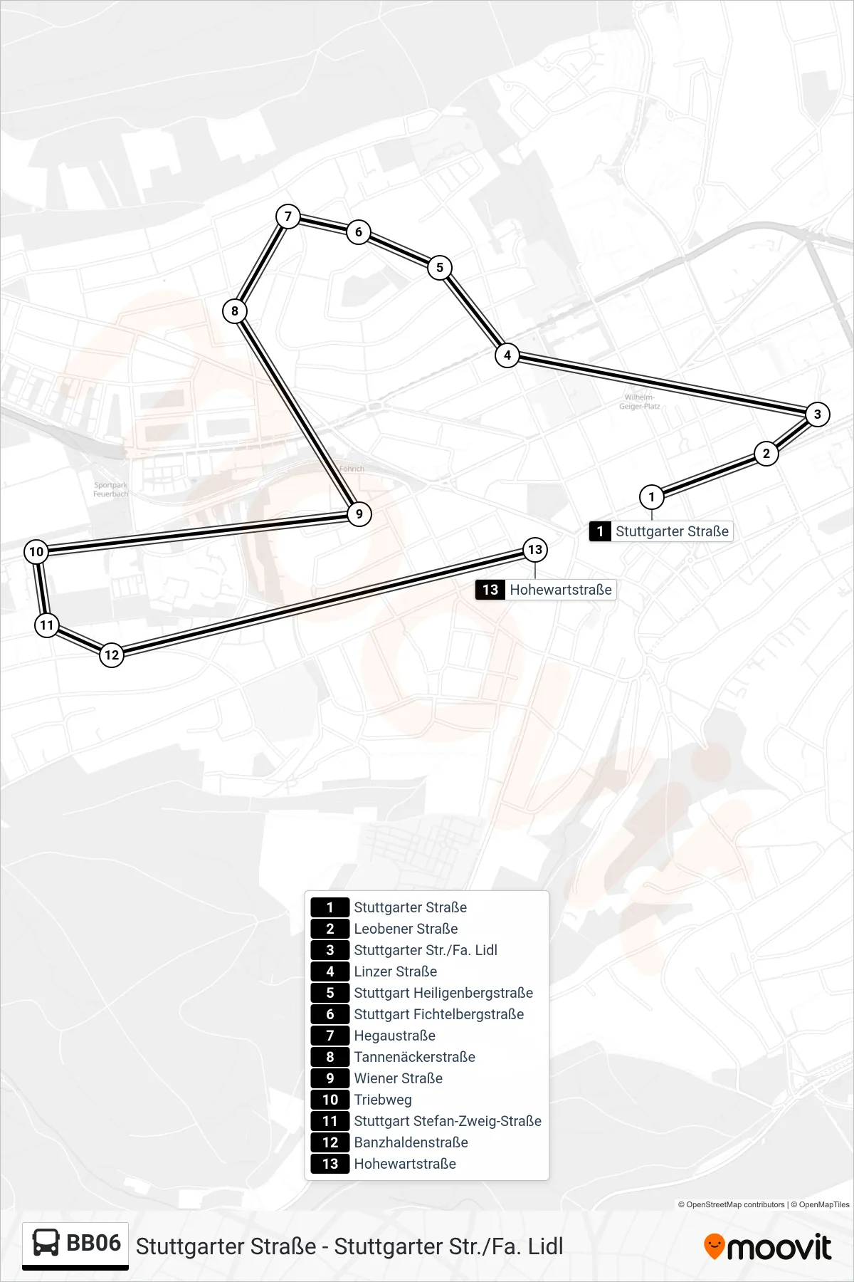 BB06 bus Line (Hohewartstraße) route and stops on a map