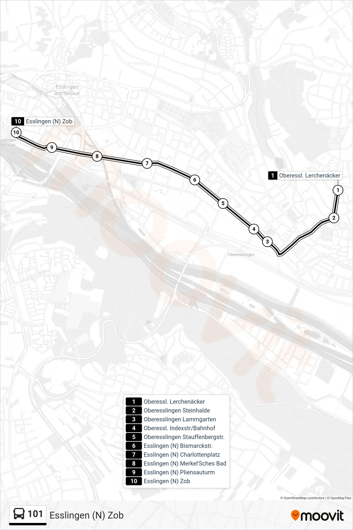 101 bus Line (Esslingen (N) Zob) route and stops on a map