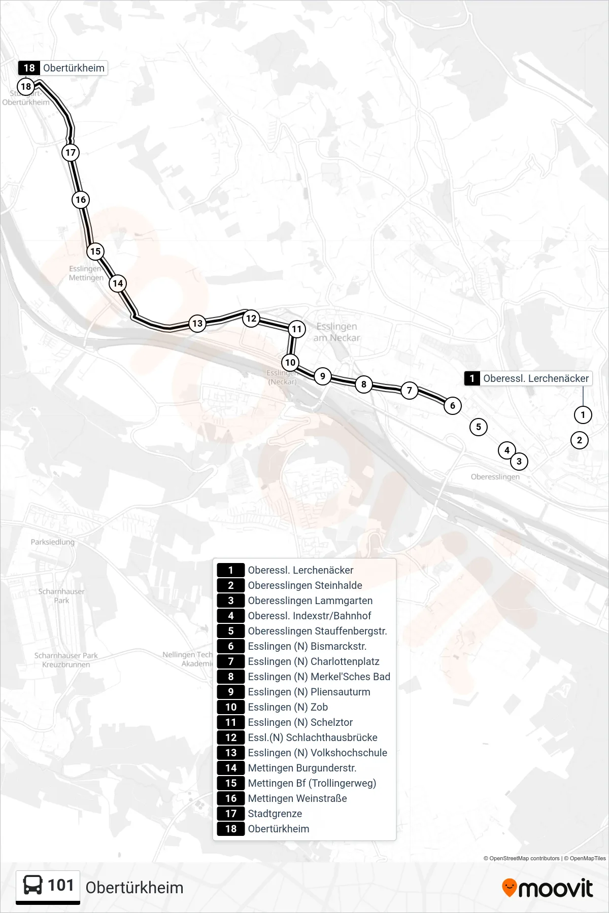 101 bus Line (Obertürkheim) route and stops on a map