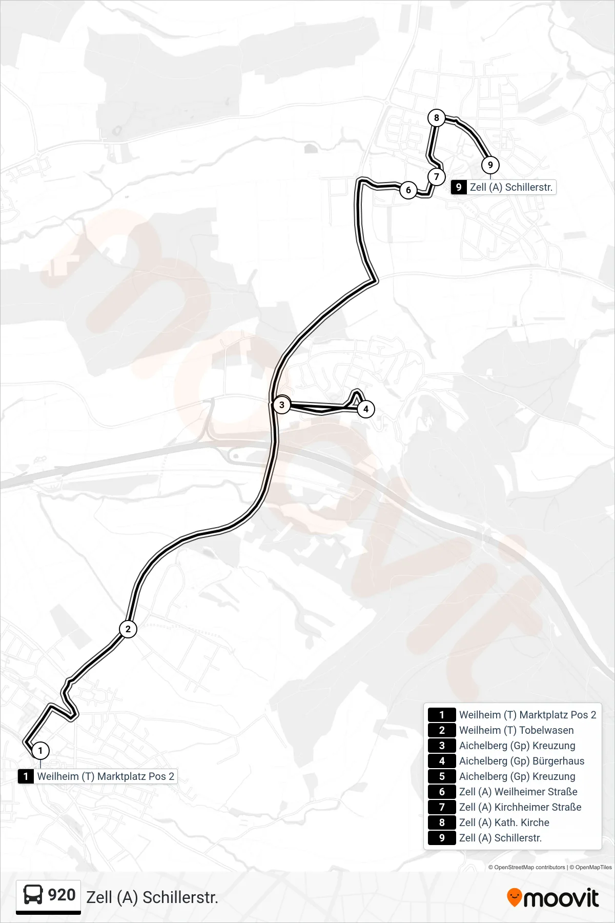 920 bus Line (Zell (A) Schillerstr.) route and stops on a map