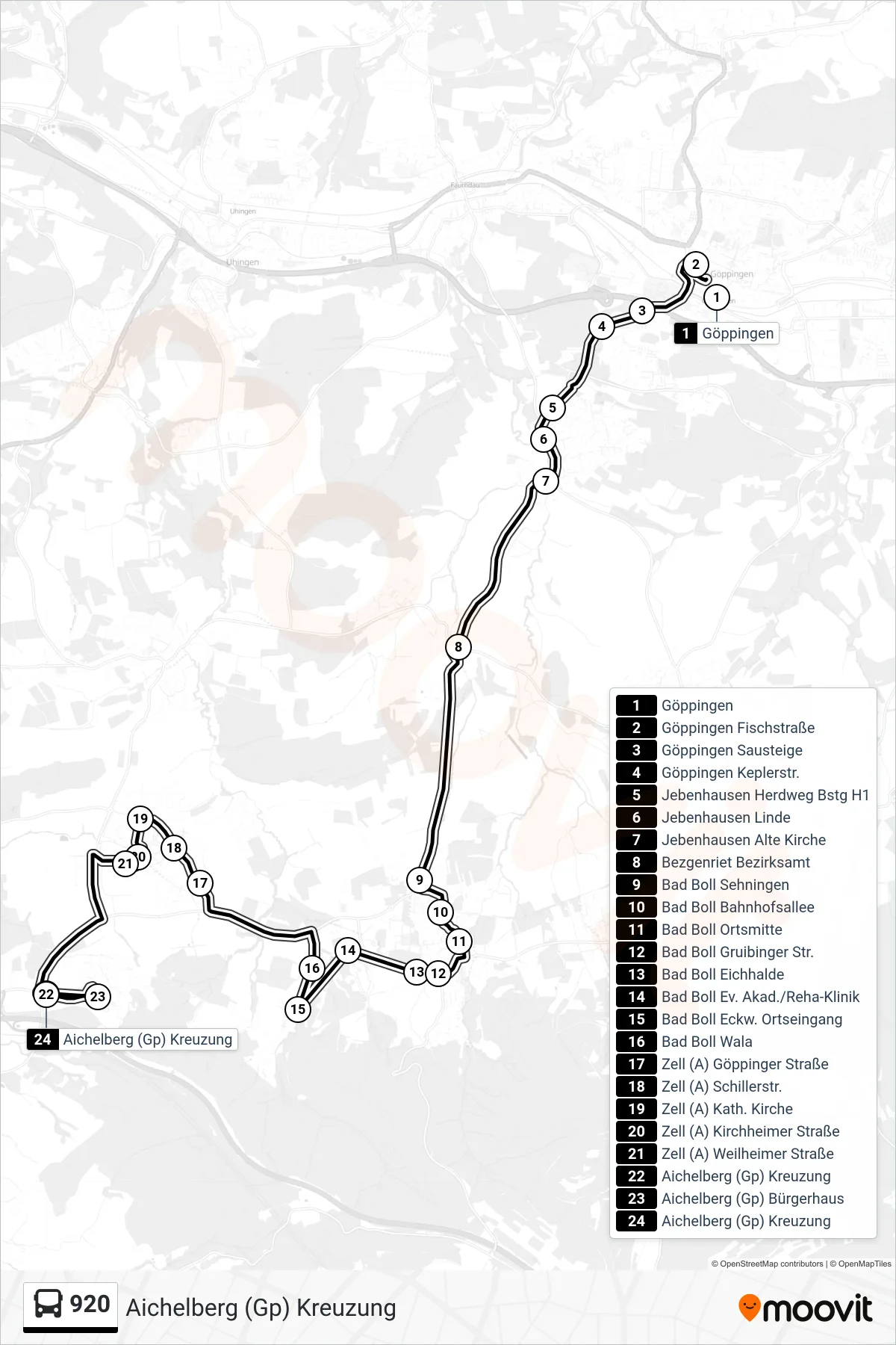 920 bus Line (Aichelberg (Gp) Kreuzung) route and stops on a map