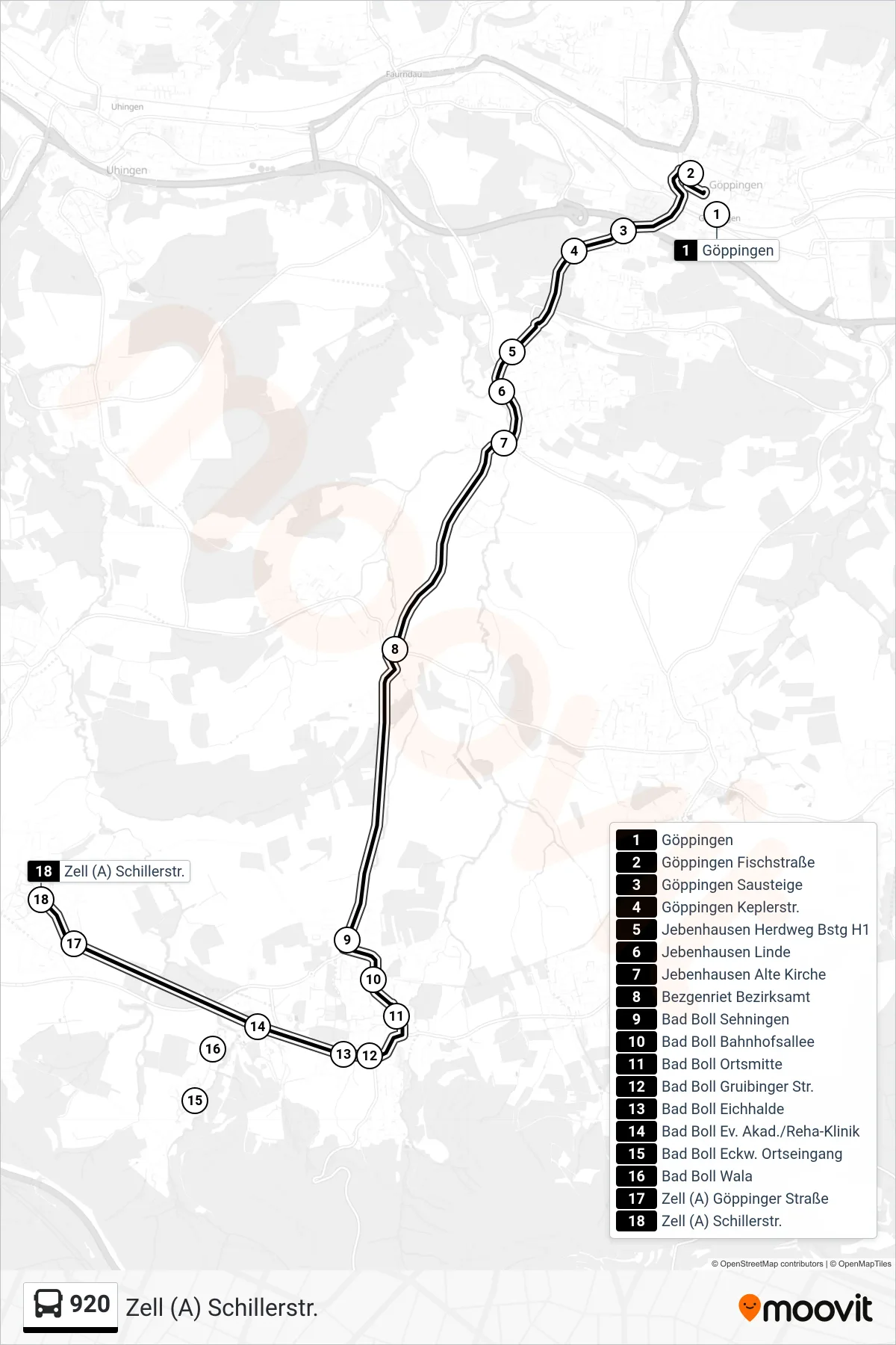920 bus Line (Zell (A) Schillerstr.) route and stops on a map