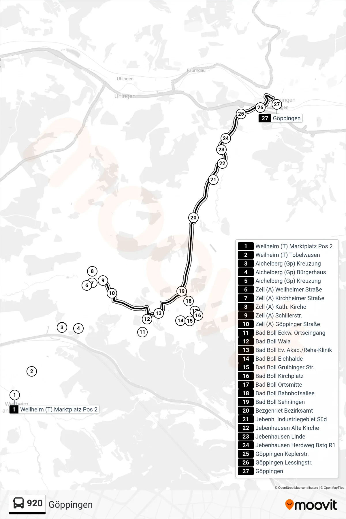 920 bus Line (Göppingen) route and stops on a map