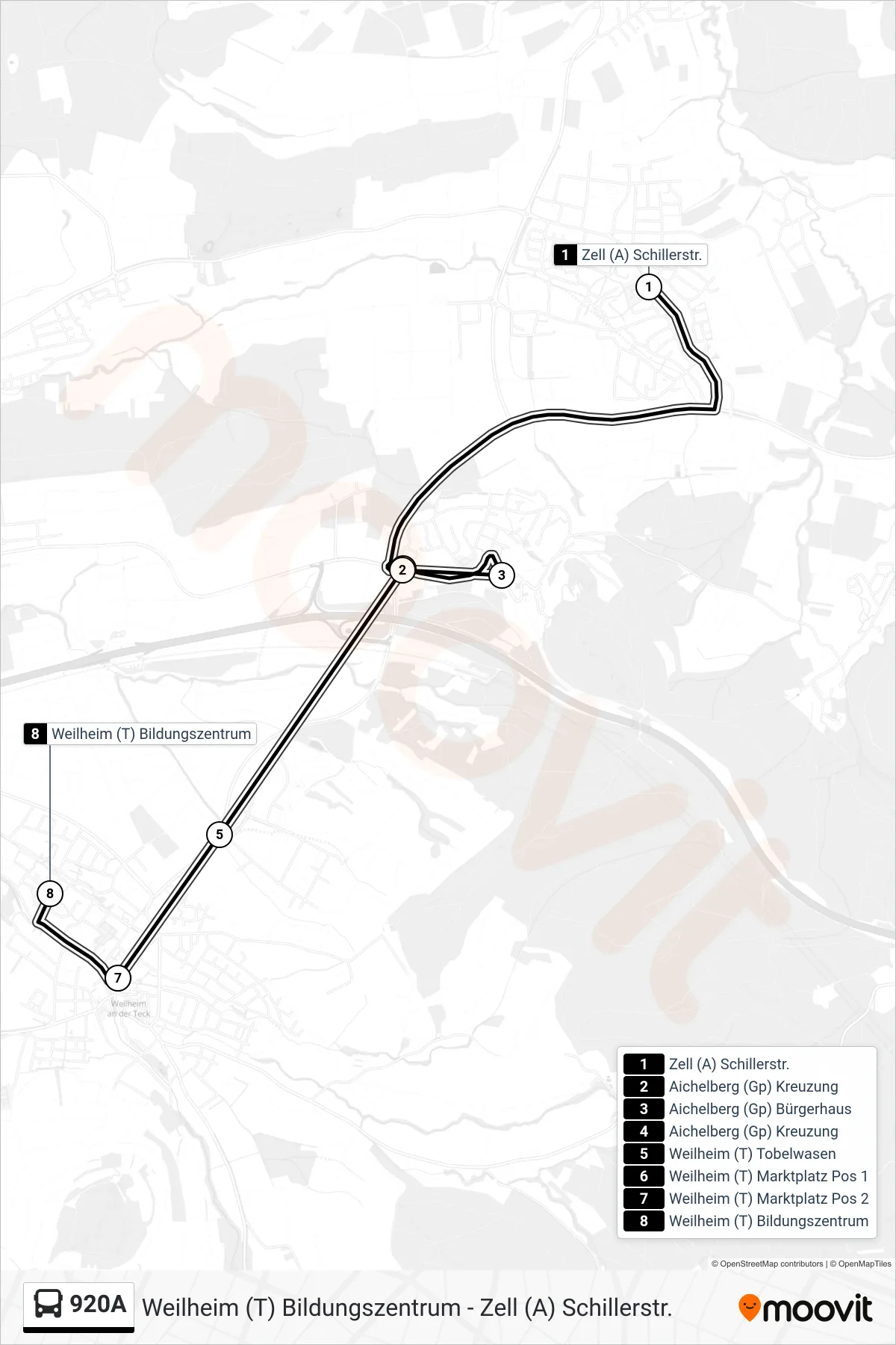 920A bus Line (Weilheim (T) Bildungszentrum) route and stops on a map