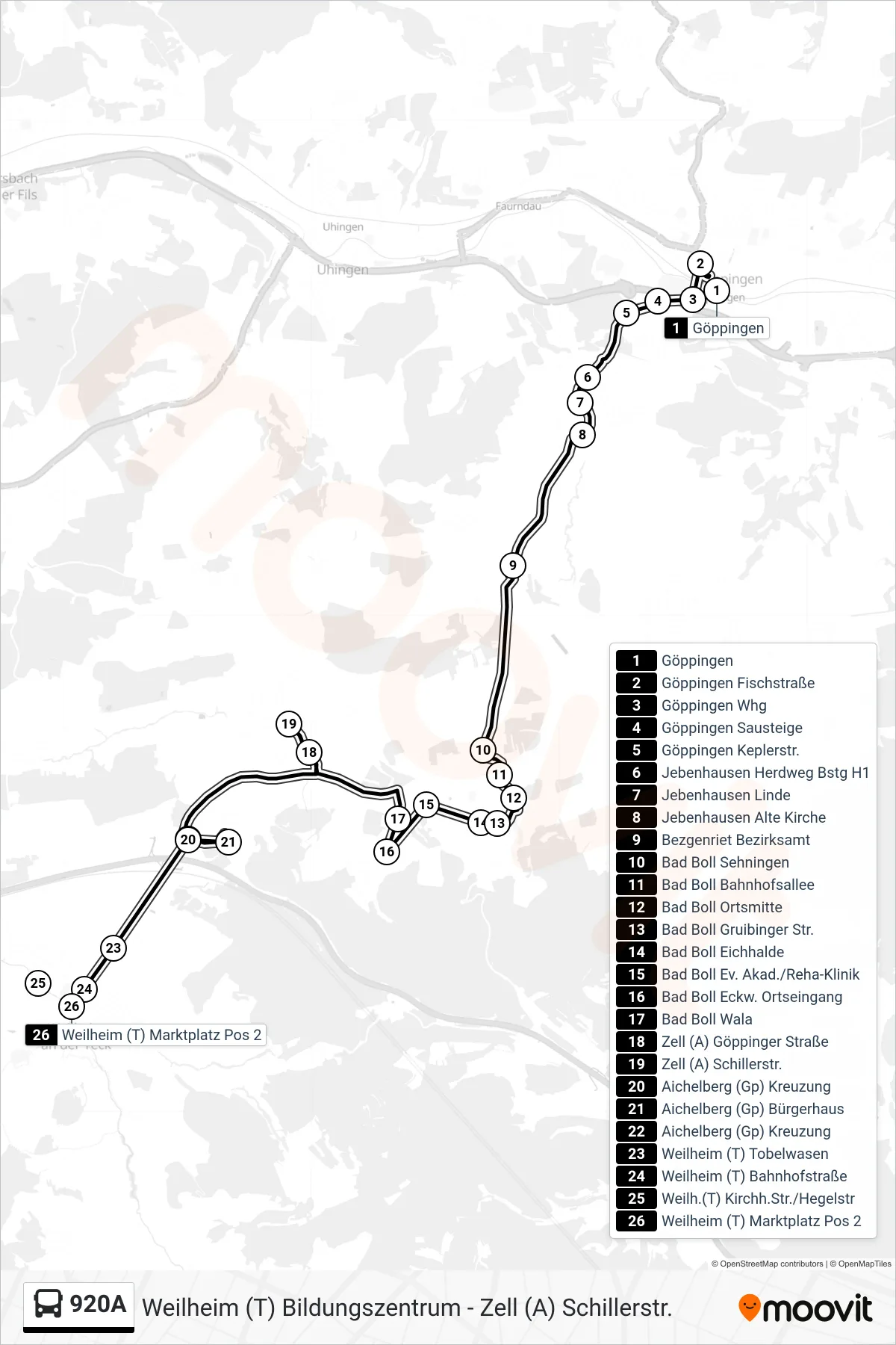 920A bus Line (Weilheim (T) Marktplatz) route and stops on a map