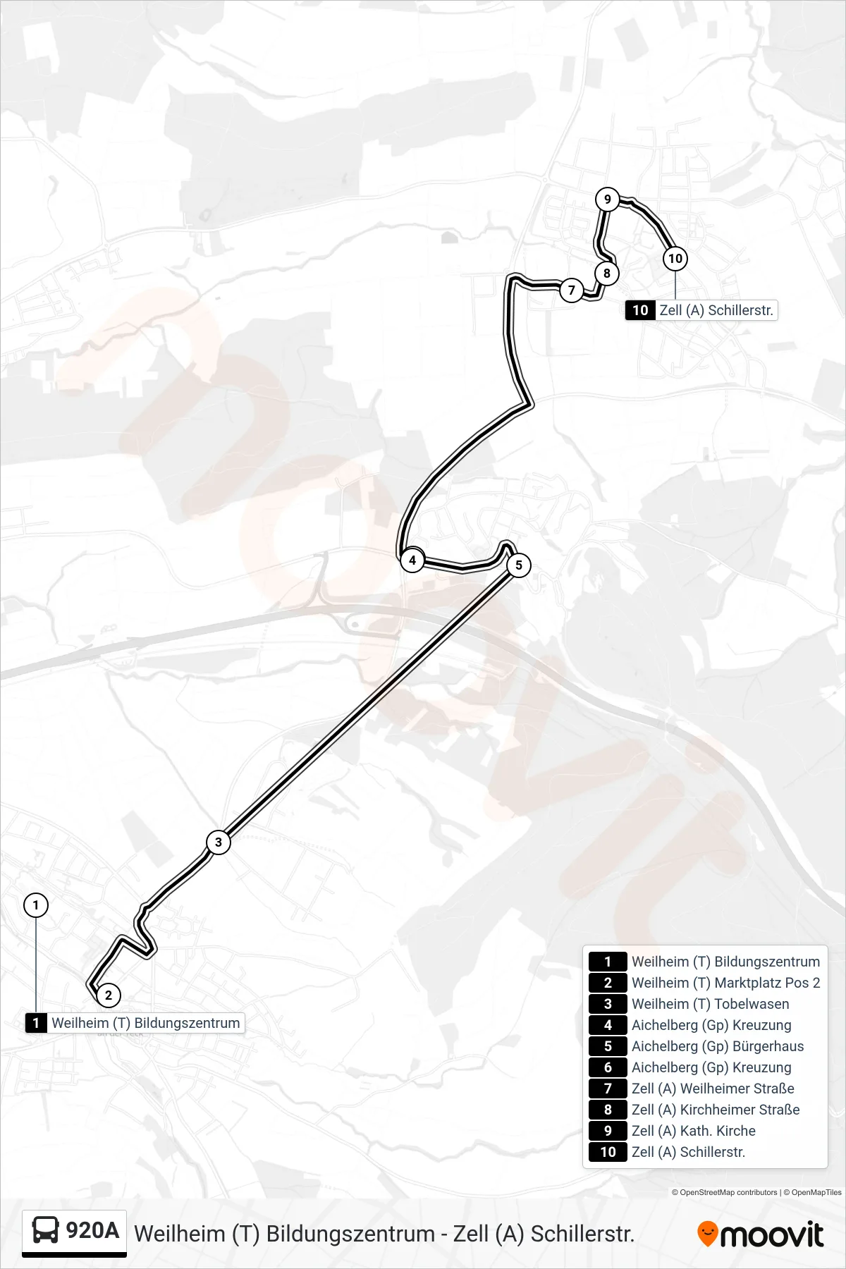 920A bus Line (Zell (A) Schillerstr.) route and stops on a map
