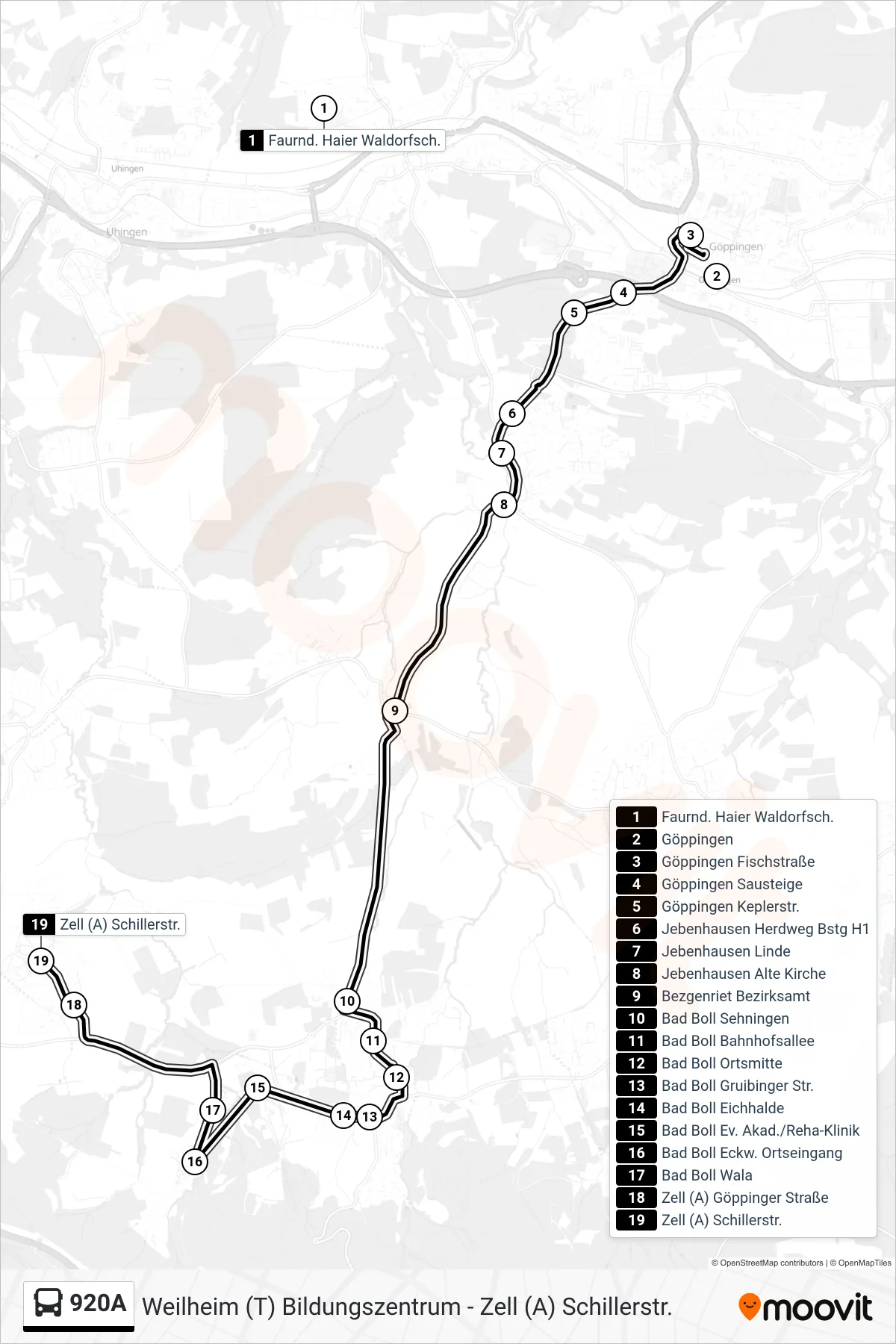 920A bus Line (Zell (A) Schillerstr.) route and stops on a map