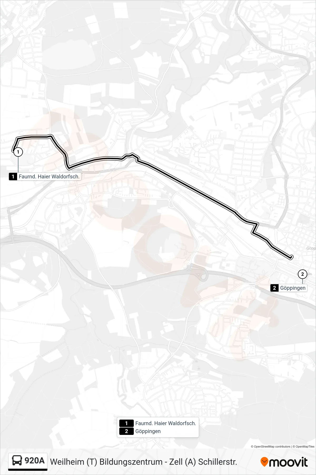 920A bus Line (Göppingen) route and stops on a map