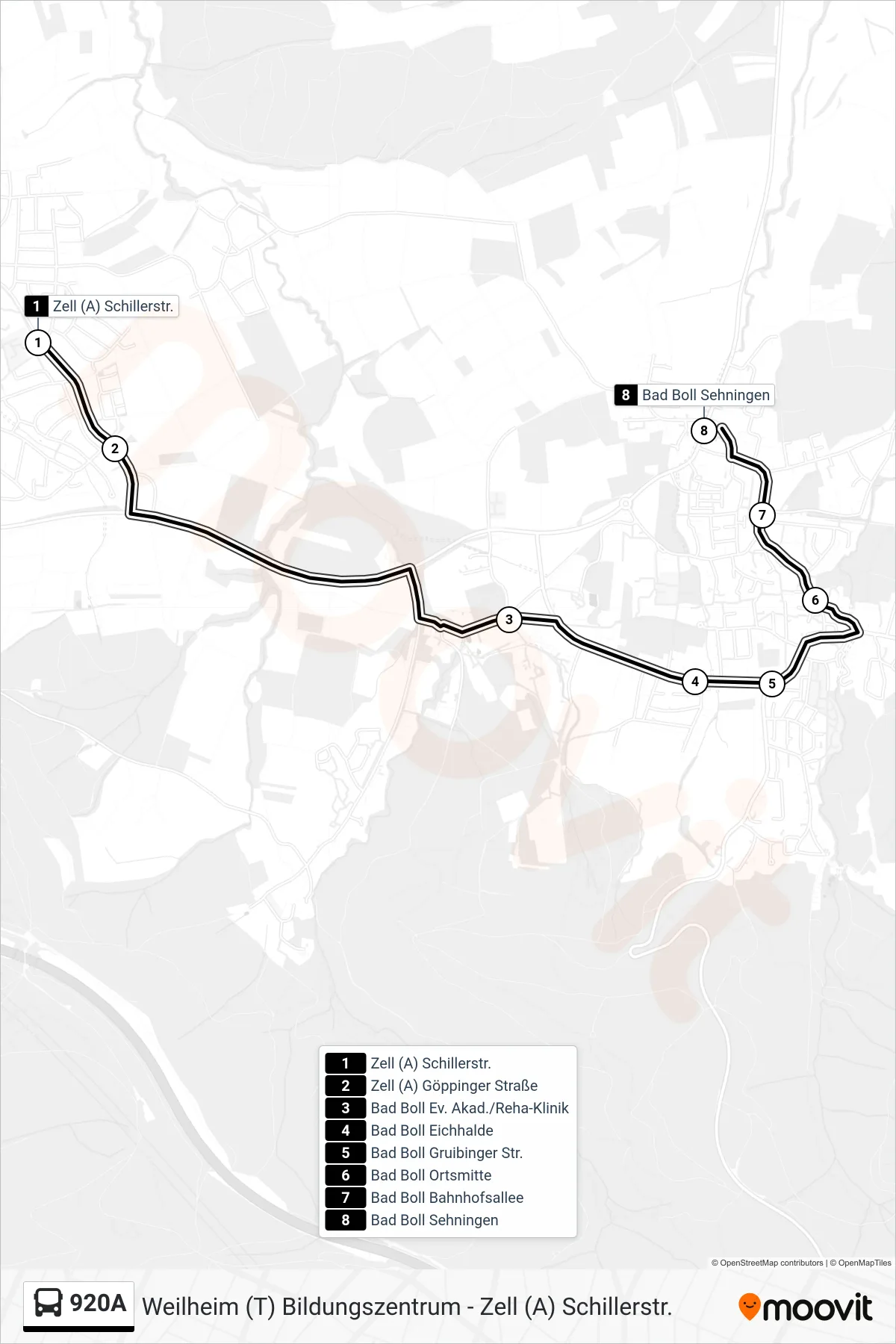 920A bus Line (Bad Boll Sehningen) route and stops on a map