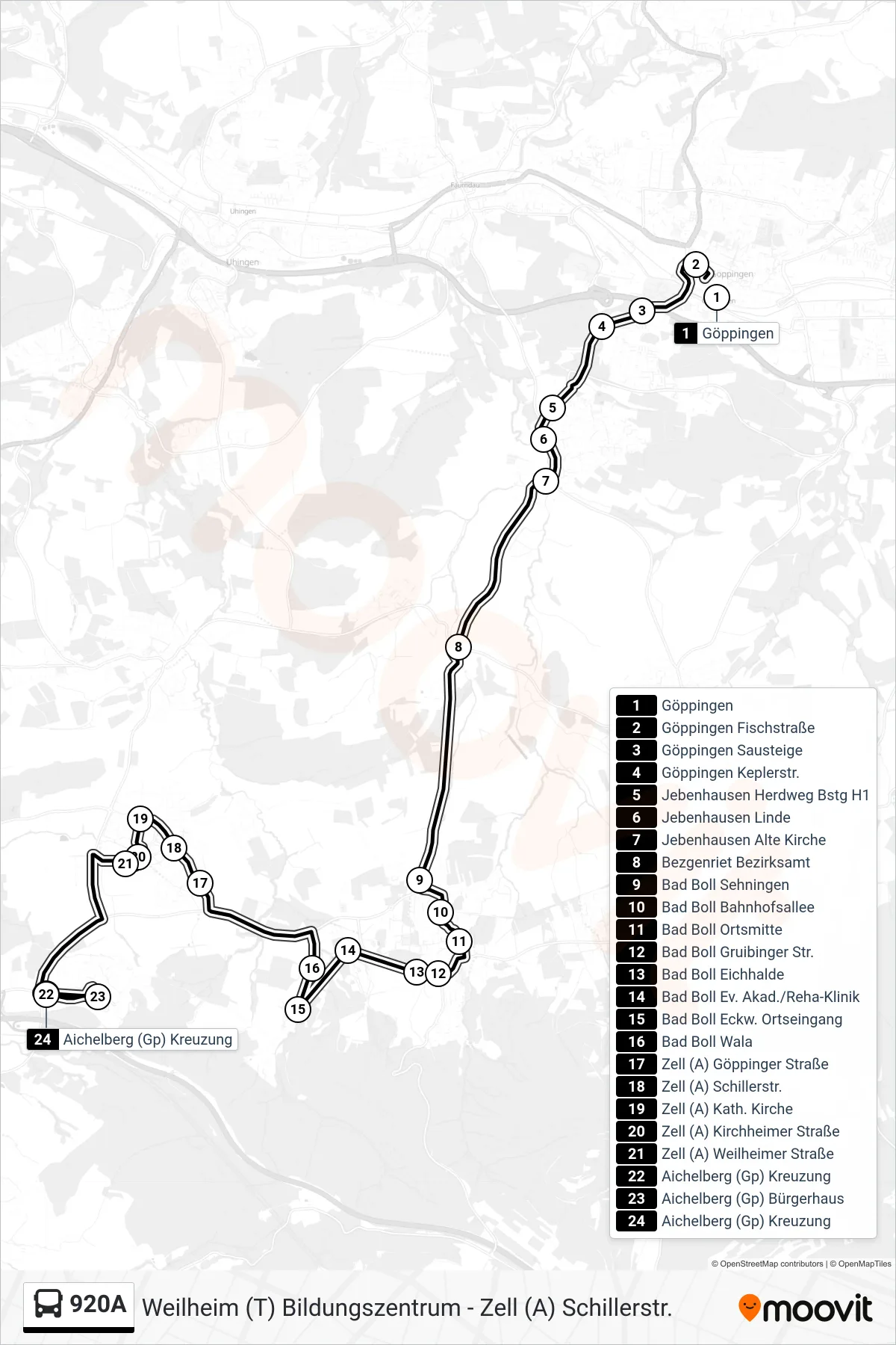 920A bus Line (Aichelberg (Gp) Kreuzung) route and stops on a map