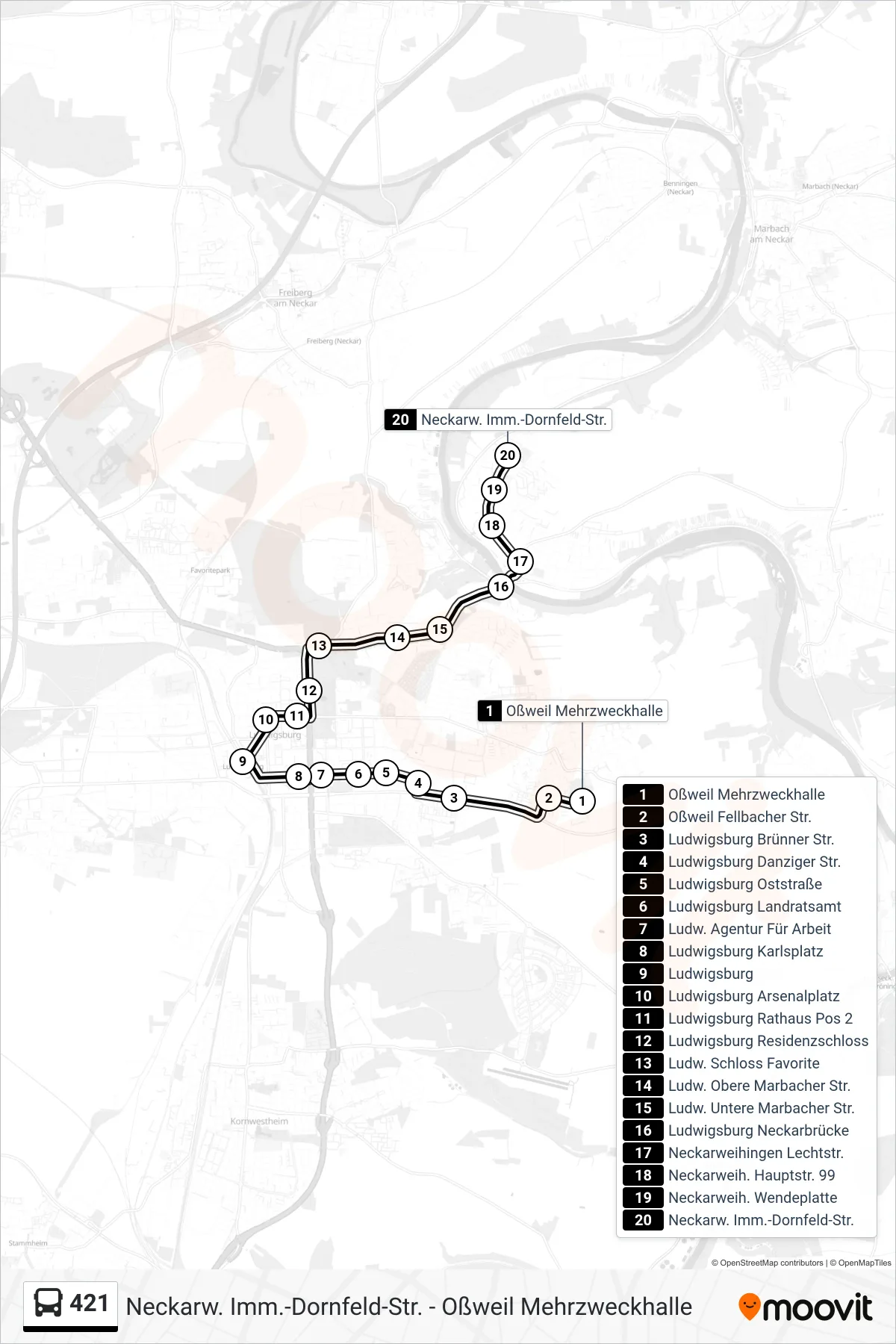 421 bus Line (Neckarw. Imman.-Dornfeld-Str.) route and stops on a map