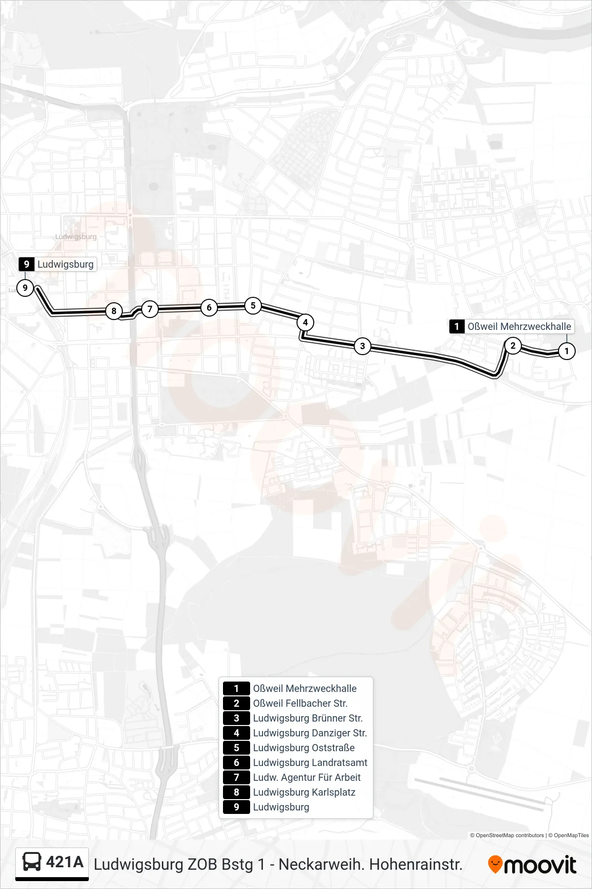 421A bus Line (Ludwigsburg) route and stops on a map