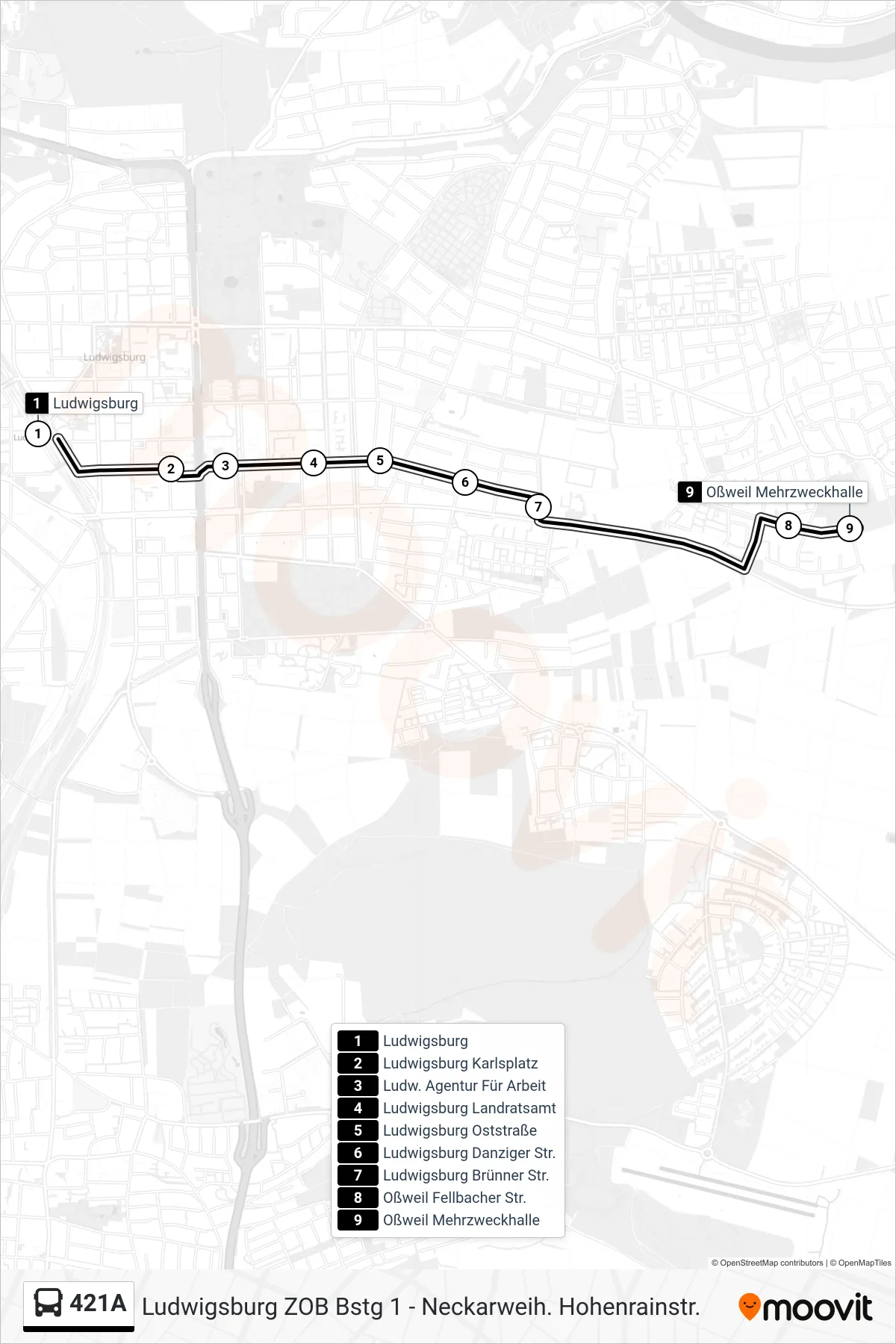 421A bus Line (Oßweil Mehrzweckhalle) route and stops on a map