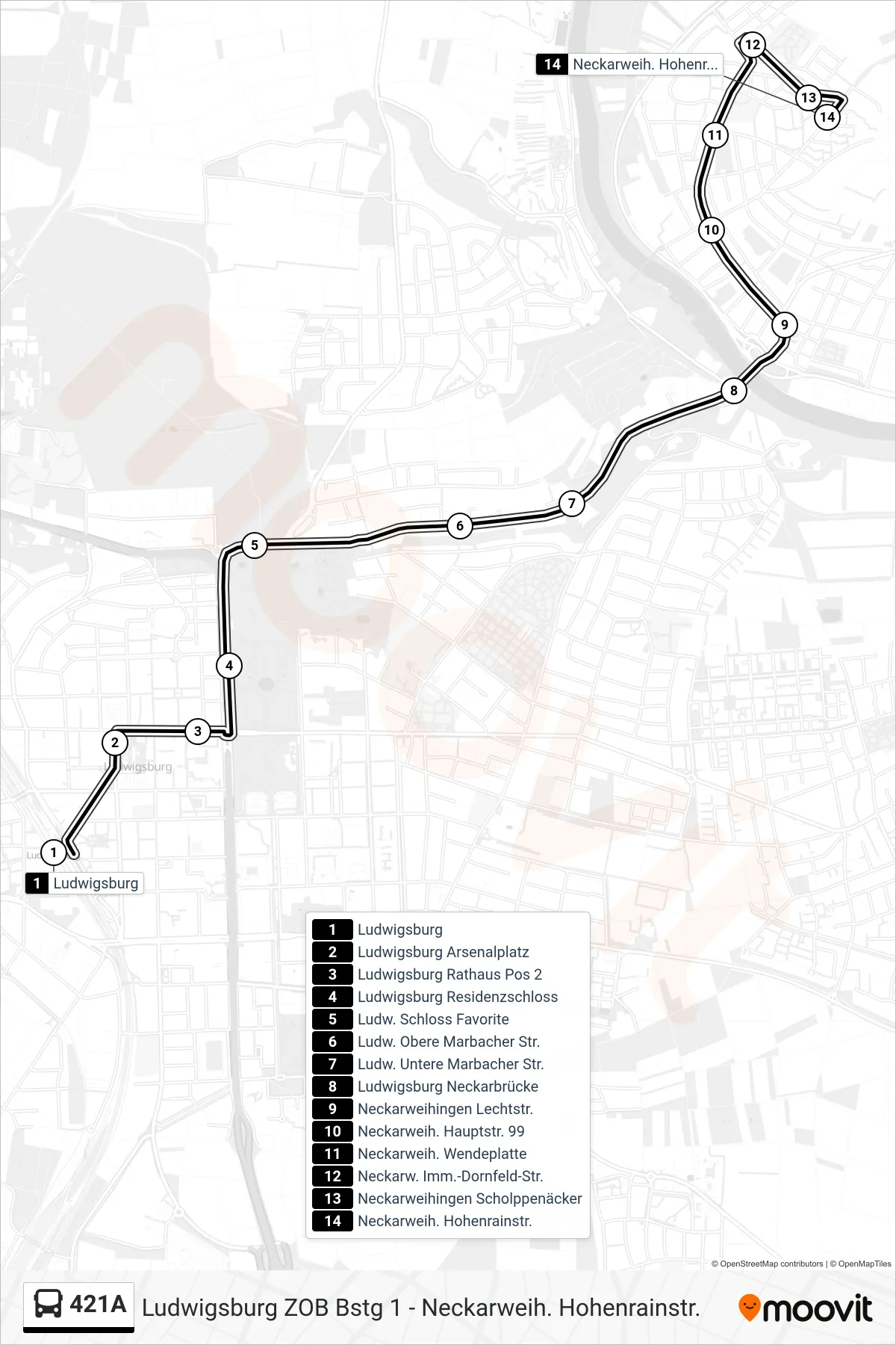 421A bus Line (Neckarweih. Hohenrainstr.) route and stops on a map