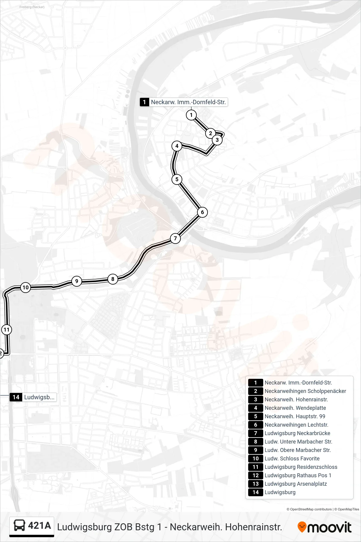 421A bus Line (Ludwigsburg) route and stops on a map
