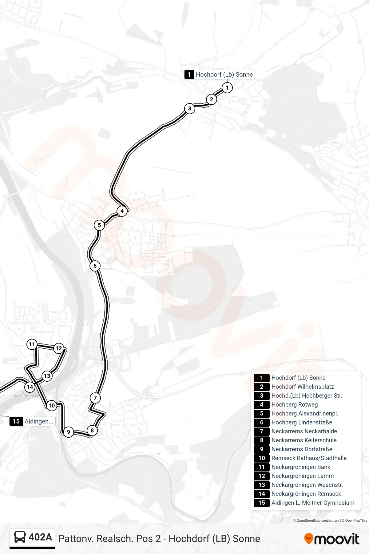 402A bus Line (Aldingen L.-Meitner-Gymnasium) route and stops on a map