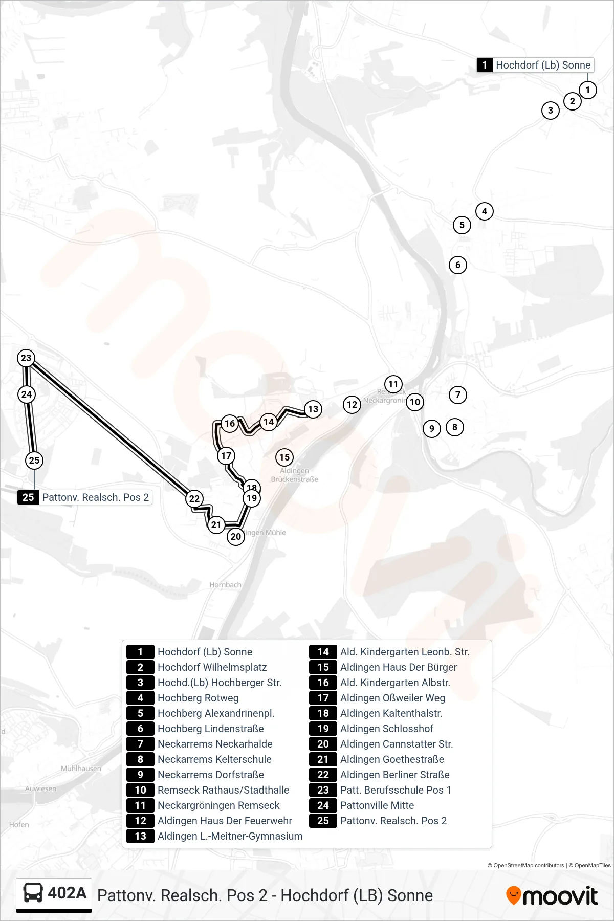 402A bus Line (Pattonv. Realsch.) route and stops on a map