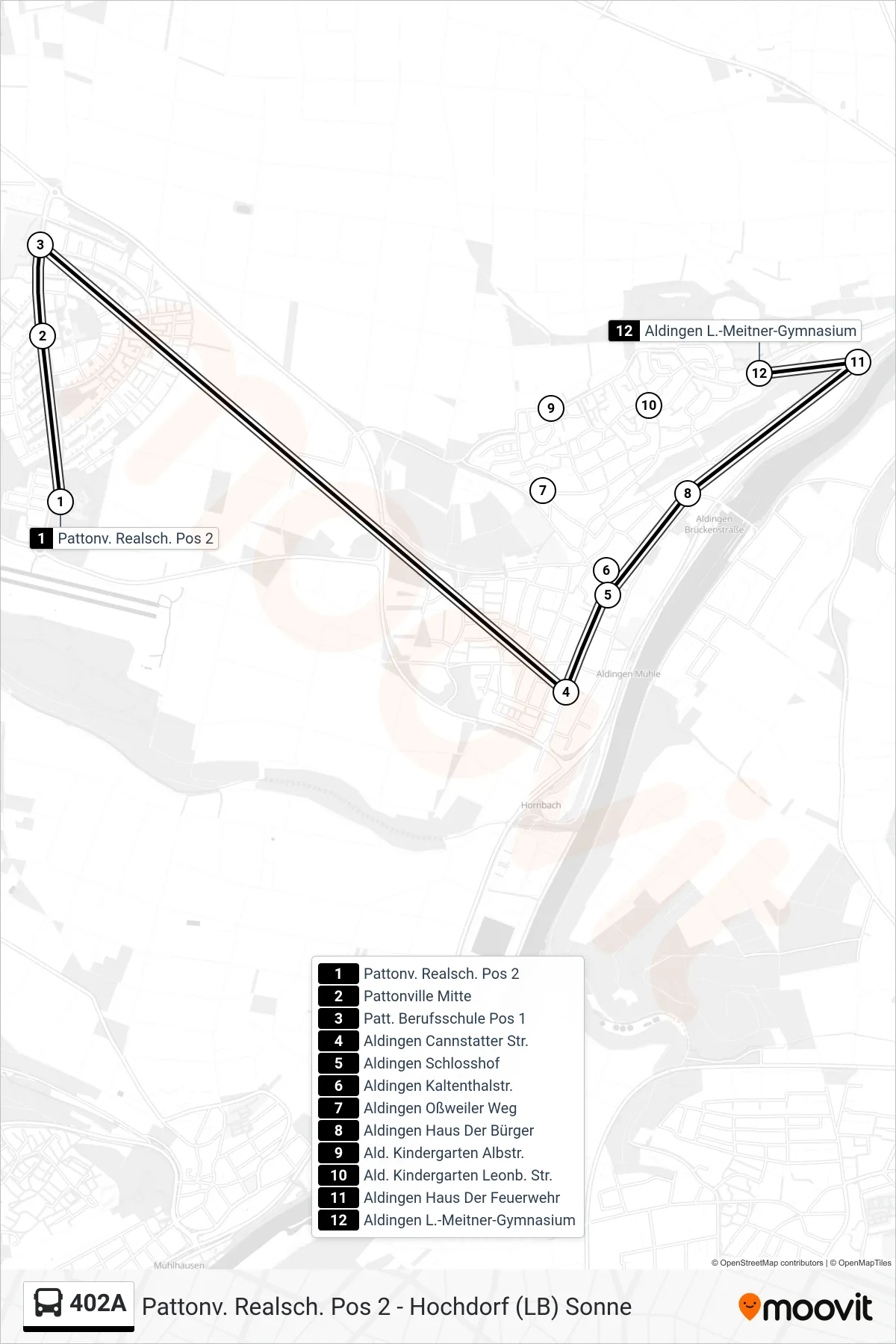 402A bus Line (Aldingen L.-Meitner-Gymnasium) route and stops on a map