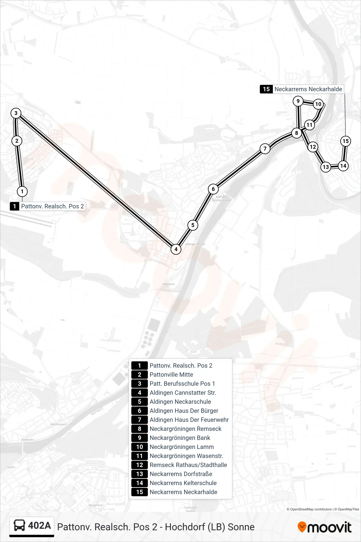 402A bus Line (Neckarrems Neckarhalde) route and stops on a map