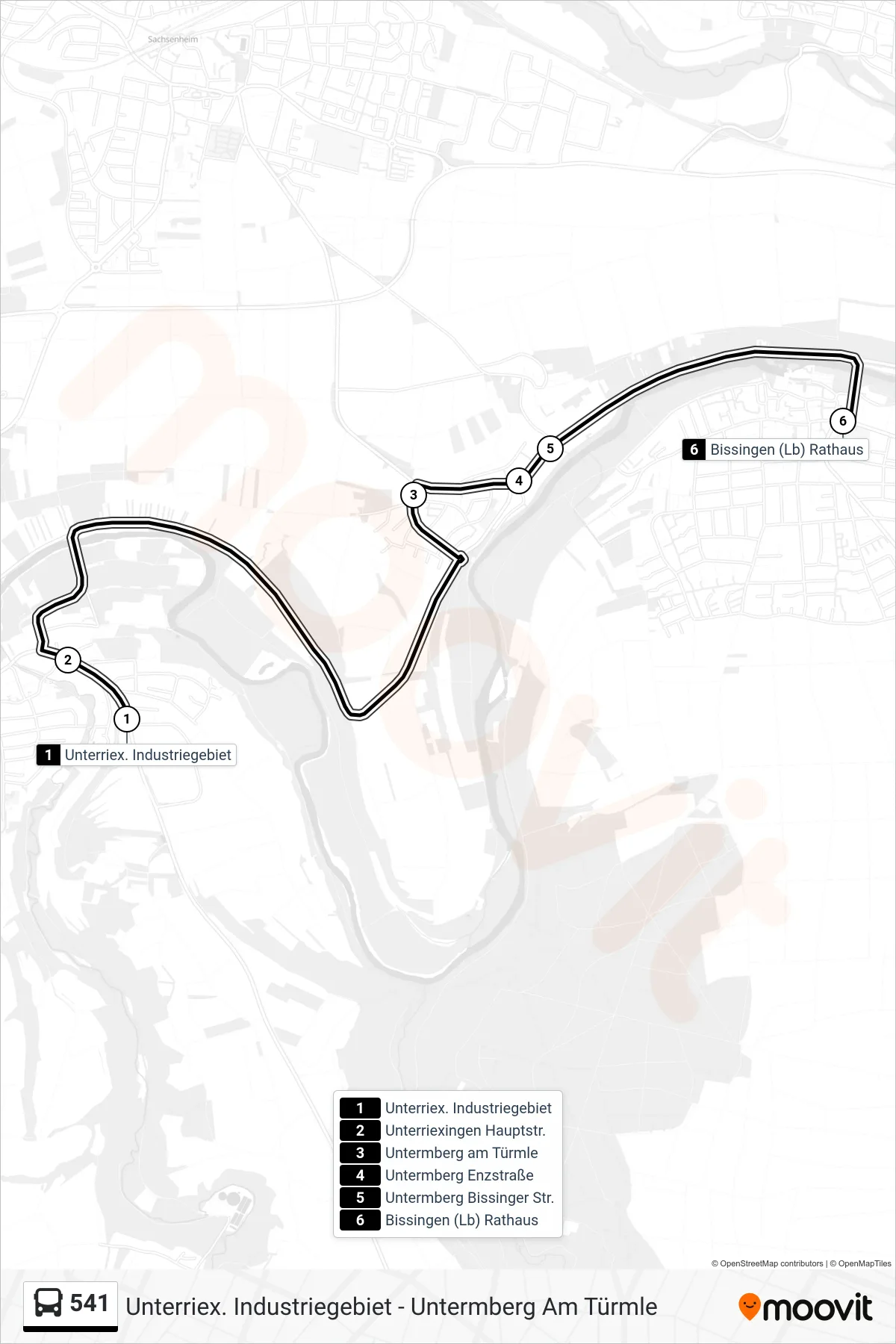 541 bus Line (Bissingen (Lb) Rathaus) route and stops on a map