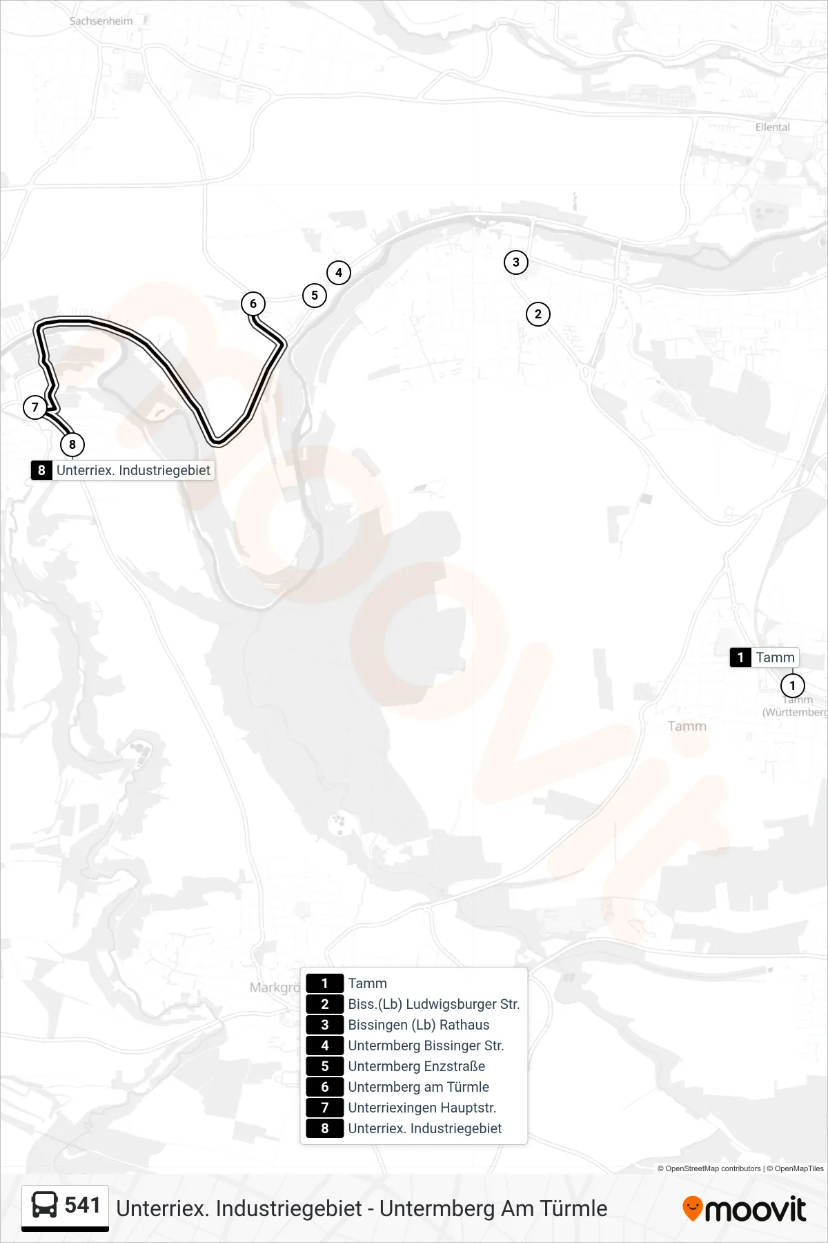 541 bus Line (Unterriex. Industriegebiet) route and stops on a map