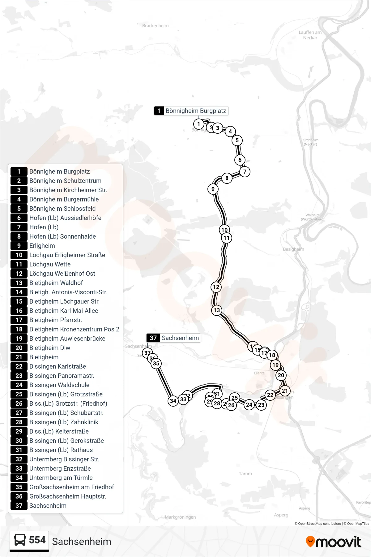 554 bus Line (Sachsenheim) route and stops on a map