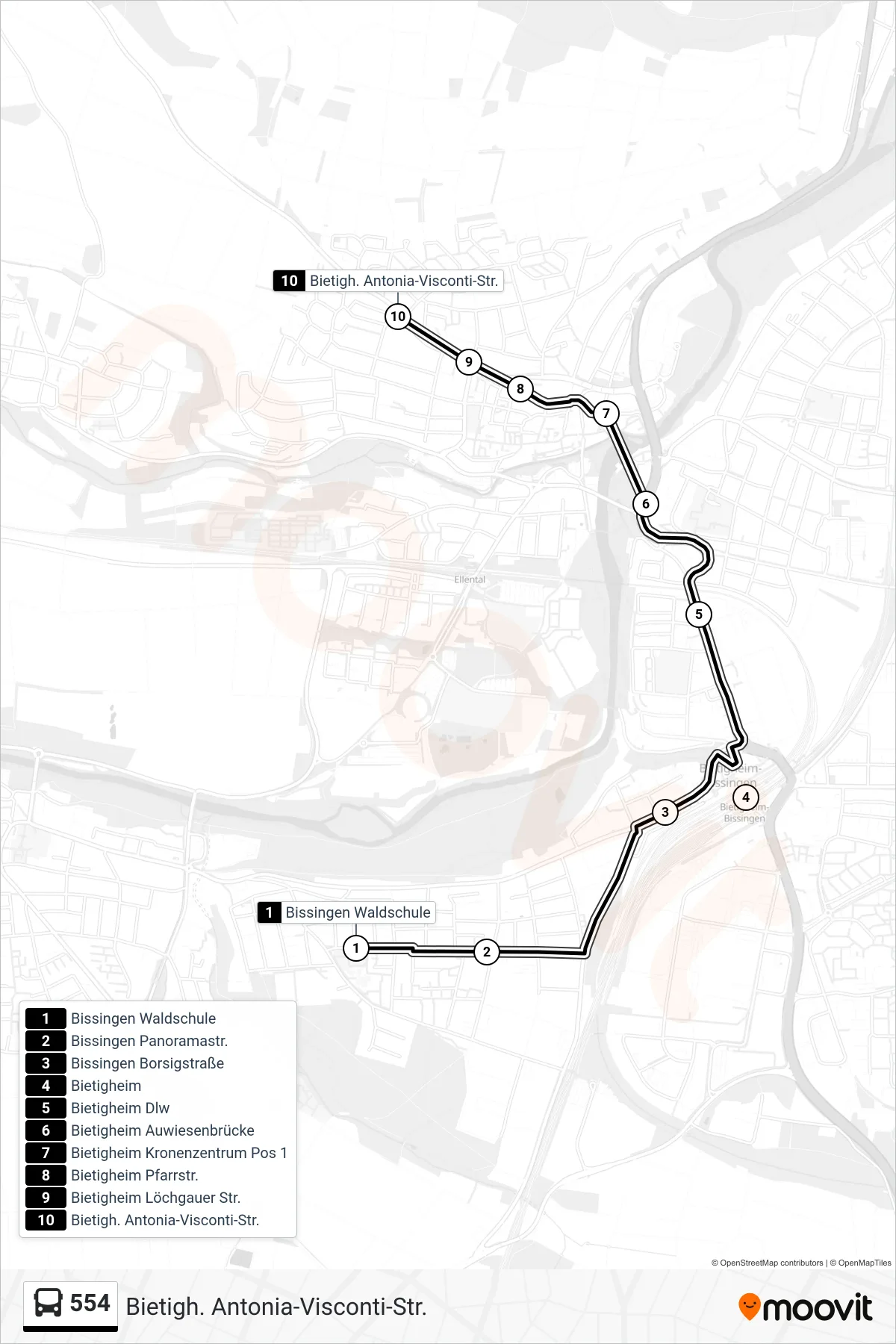 554 bus Line (Bietigh. Antonia-Visconti-Str.) route and stops on a map