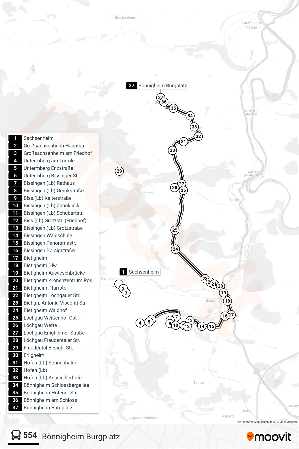 554 bus Line (Bönnigheim Burgplatz) route and stops on a map