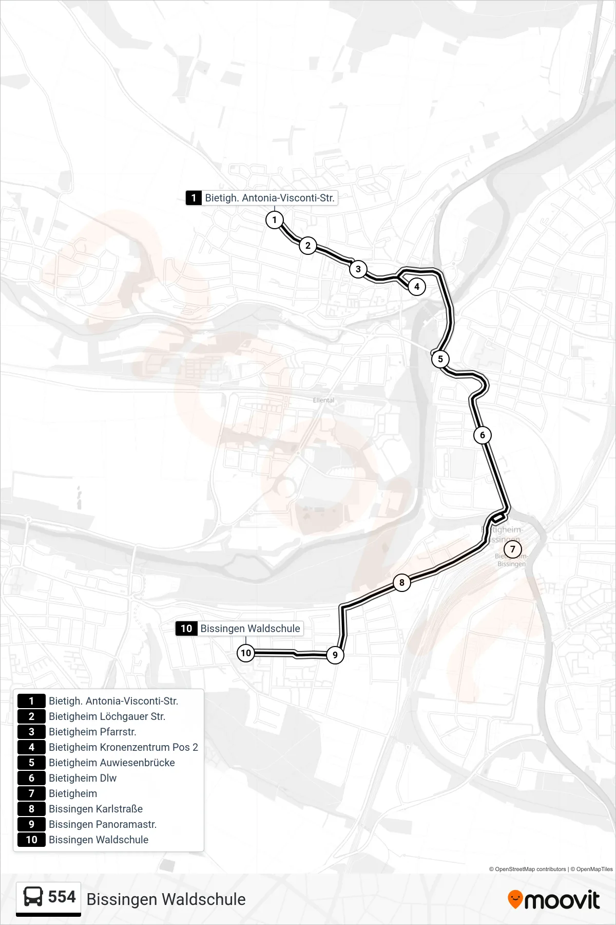 554 bus Line (Bissingen Waldschule) route and stops on a map